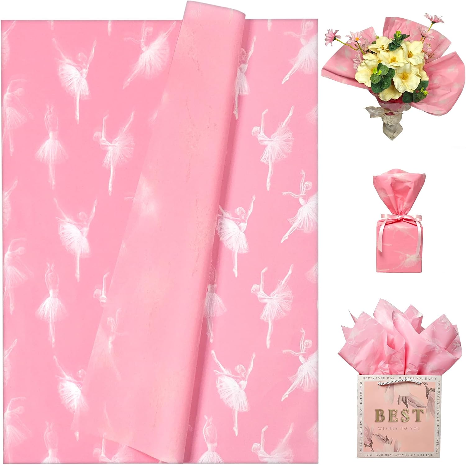 LIAPAWPAW Ballerina Tissue Paper, Pink & White Silhouette Design, Elegant Ballet Dancer Gift Wrapping Tissue Paper for Gift Bags & Craft, Girl Ballet Theme Birthday Party Decoration, 30 Sheets 20x14in