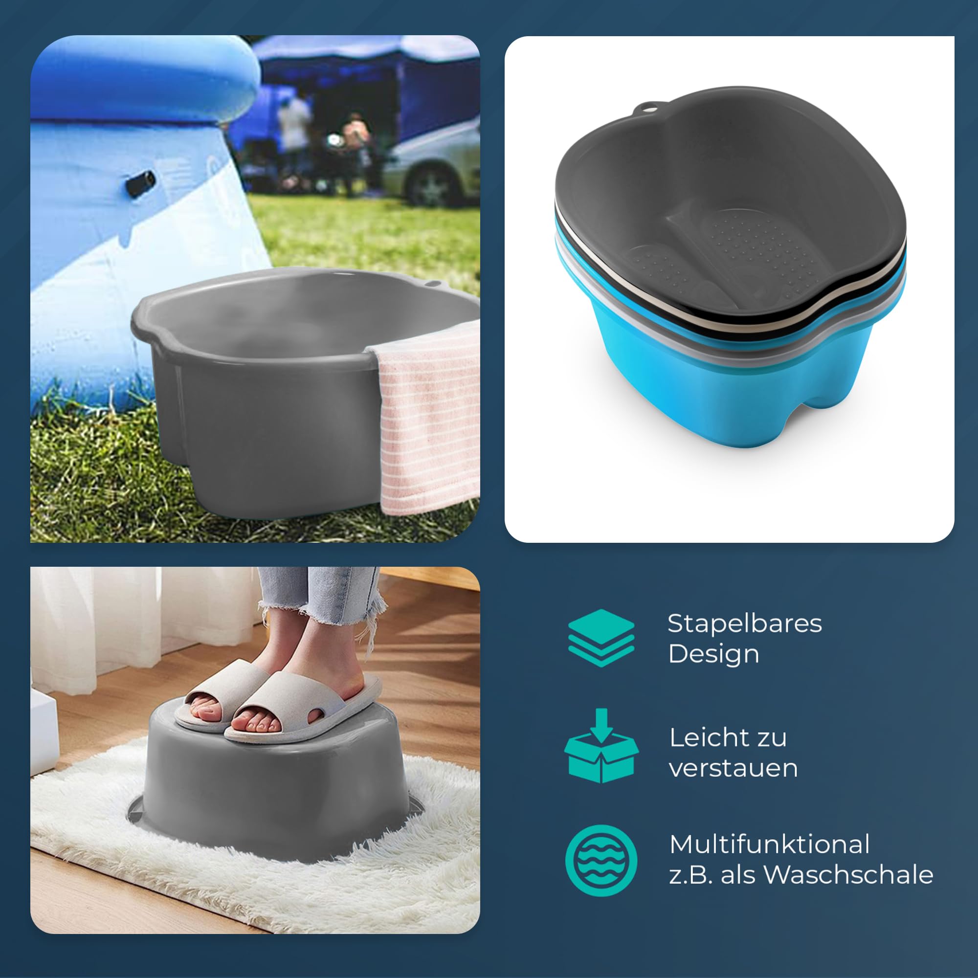 BUDDLEY Fußbad Wanne - Mit Massageboden - Grau - Bis Schuhgröße 46 - Fußbecken Kunststoff - Warm & Kalt - Pediküre - 38 x 34,5 x 17,6 cm