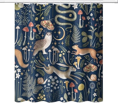 Miniatura 1 de Cortina de ducha de bosque de hadas, diseño retro de bosque, búho, ardilla, flores rústicas, hongos, tela impermeable de poliéster, cortina de baño
