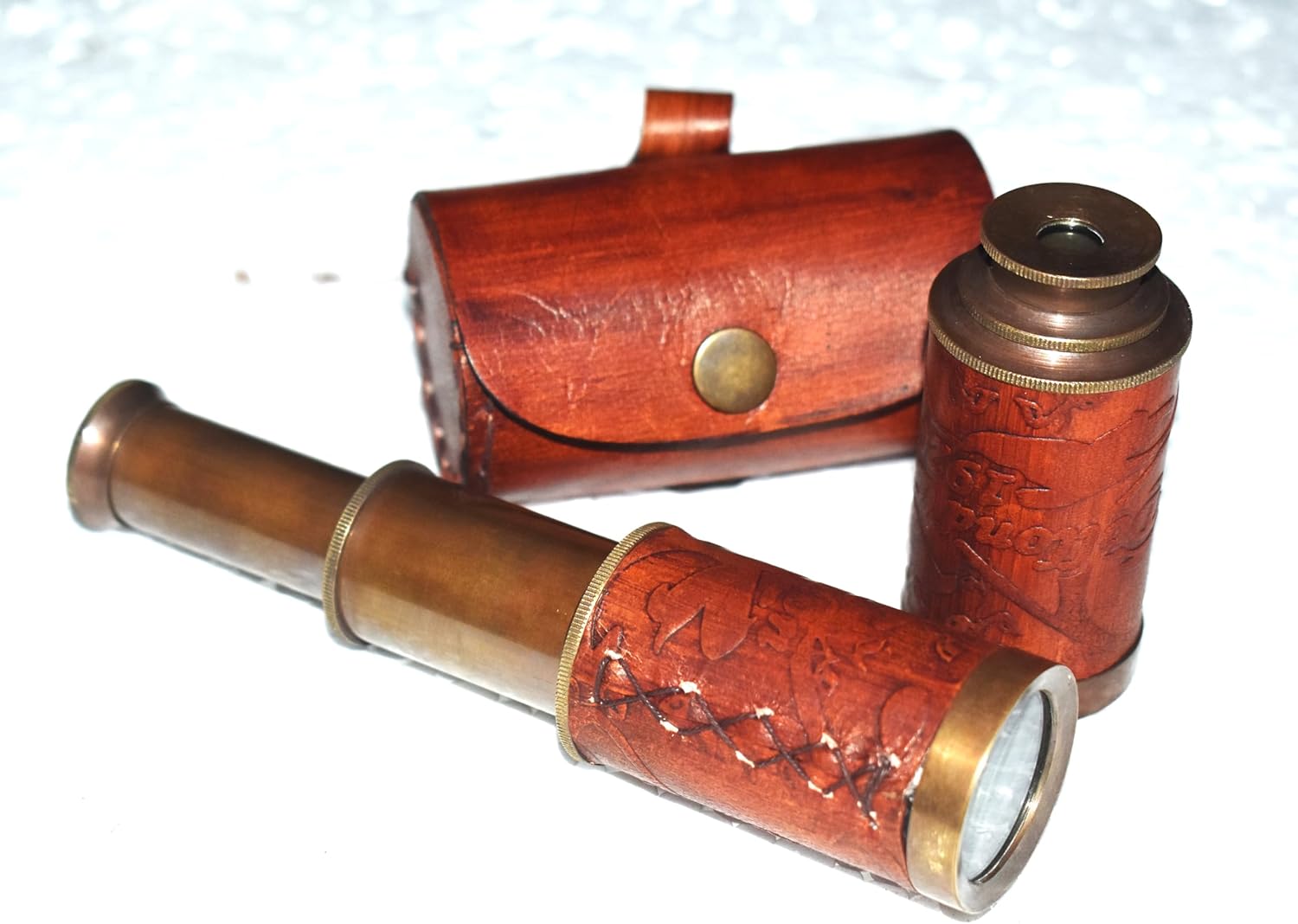 6" Handheld Brass Telescope with Leather Case Pirate Navigation Pocket Telescope - Nautical Collectibles