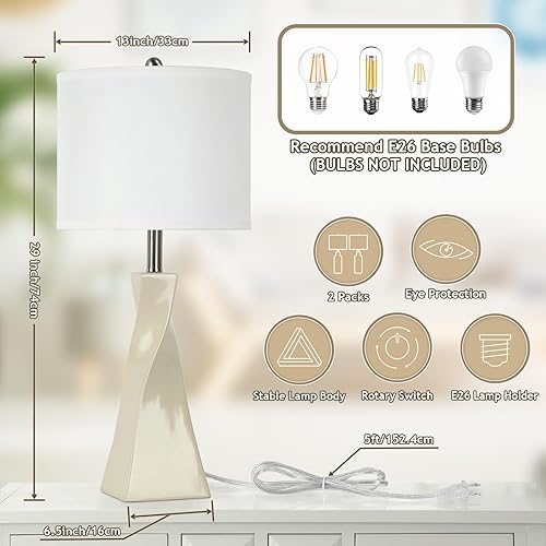 Miniatura 3 de Juego de 2 lámparas de mesa de 29 pulgadas, lámparas de mesa de noche de cerámica blanca con interruptor giratorio, lámpara de noche con base E26 y