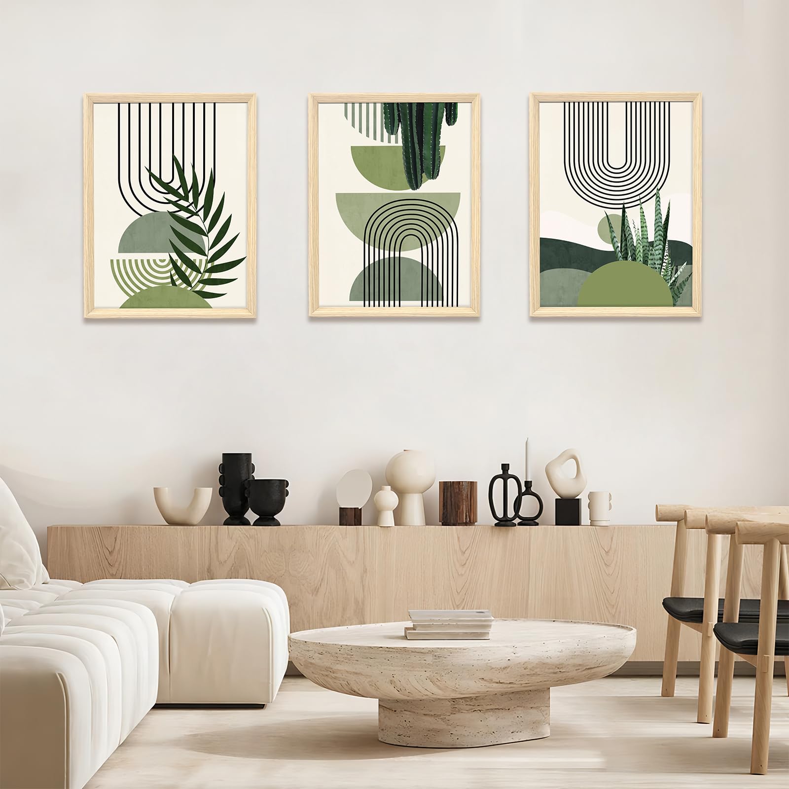 3 Pcs Wooden Framed Canvas Wall Art Set Bohemian Sage Green Canvas Prints Poster Geometric Line Beige Green Pictures for Living Room Bedroom Dinning Room Hallway Stairs Wall Decor 30x40cm x3pcs — view 503