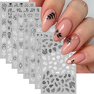 8 Sheets Flower Vintage Vine Nail Stickers, 3D Self-Adhesive Vintage Flower Pattern Nail Decals Black and White Leaf Flowers Nail Design Butterfly Pegatinas Uñas for Women Girls Nail Art Decoration