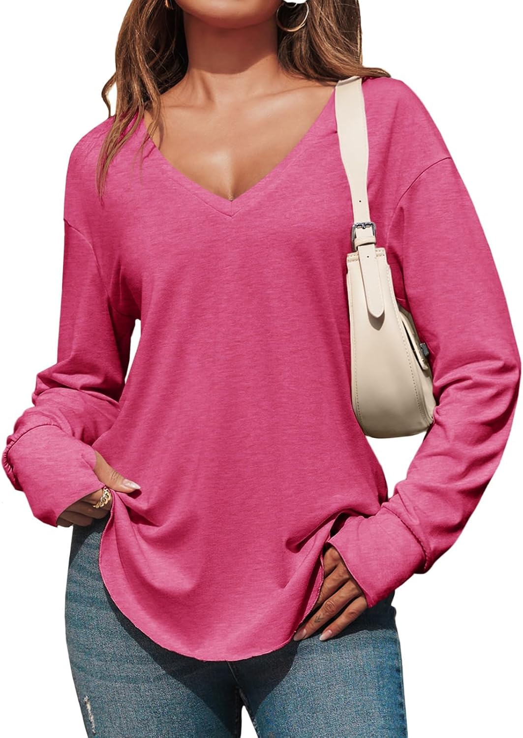 Tankaneo Womens Deep V Neck Tunic Tops Long Sleeve Oversized Casual Loose Fit Curved Hem T Shirts