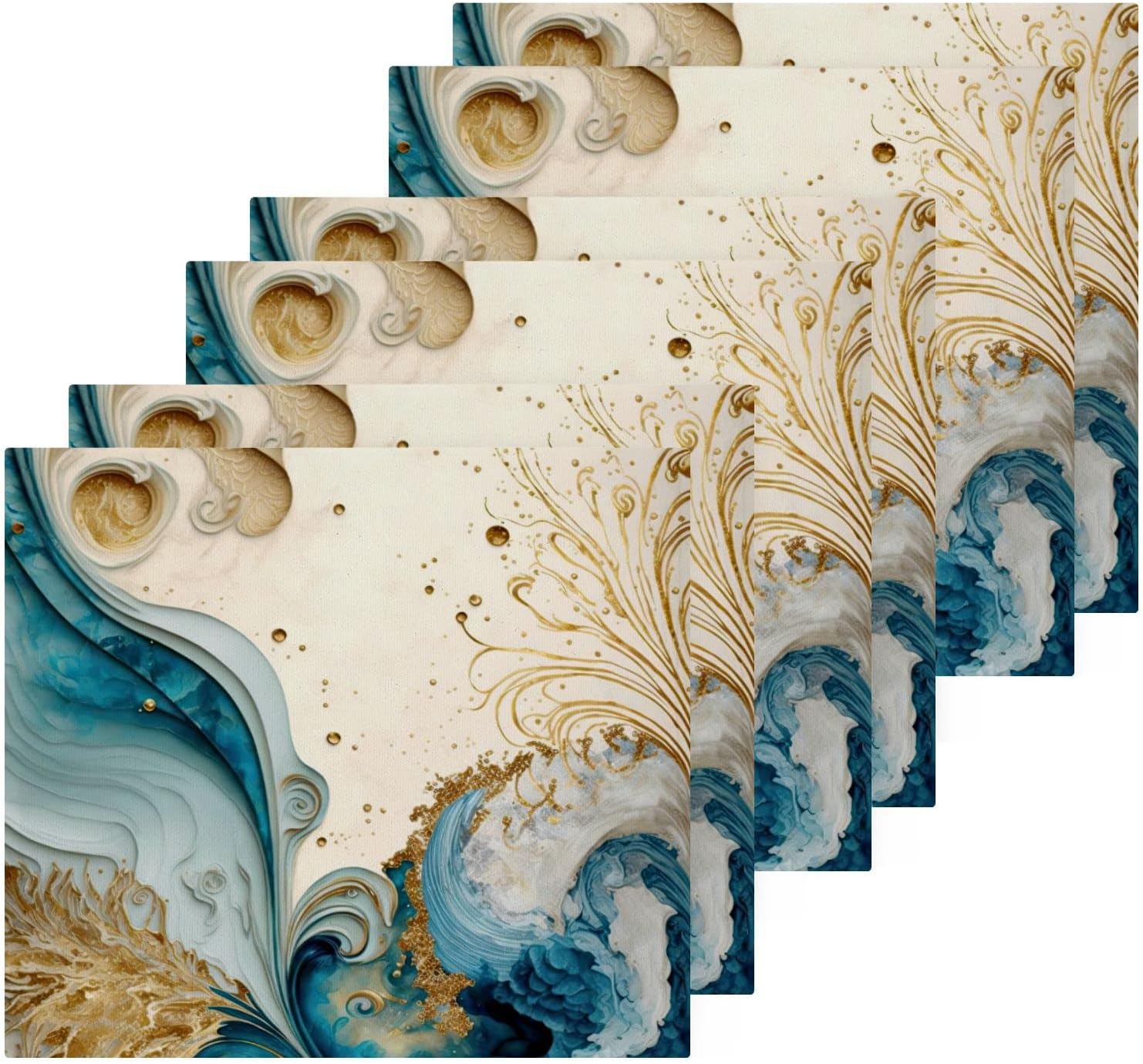Vnurnrn Towels Cotton Washcloths Set (Gold Blue Marble), Soft Absorbent Quick Dry Wash Clothes, Multi-Purpose Fingertip Towels for Bathroom Hotel Travel 12×12 in (6 Pack)