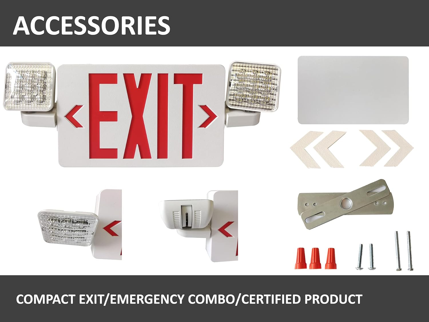 LED Red Emergency Light Combo Exit Sign with Battery Backup, Two LED Adjustable Lamp, AC/DC Input, 120V/277V Dual Optional Voltage, Fire Resistant, UL Certified GC4 for Home Hotels Offices
