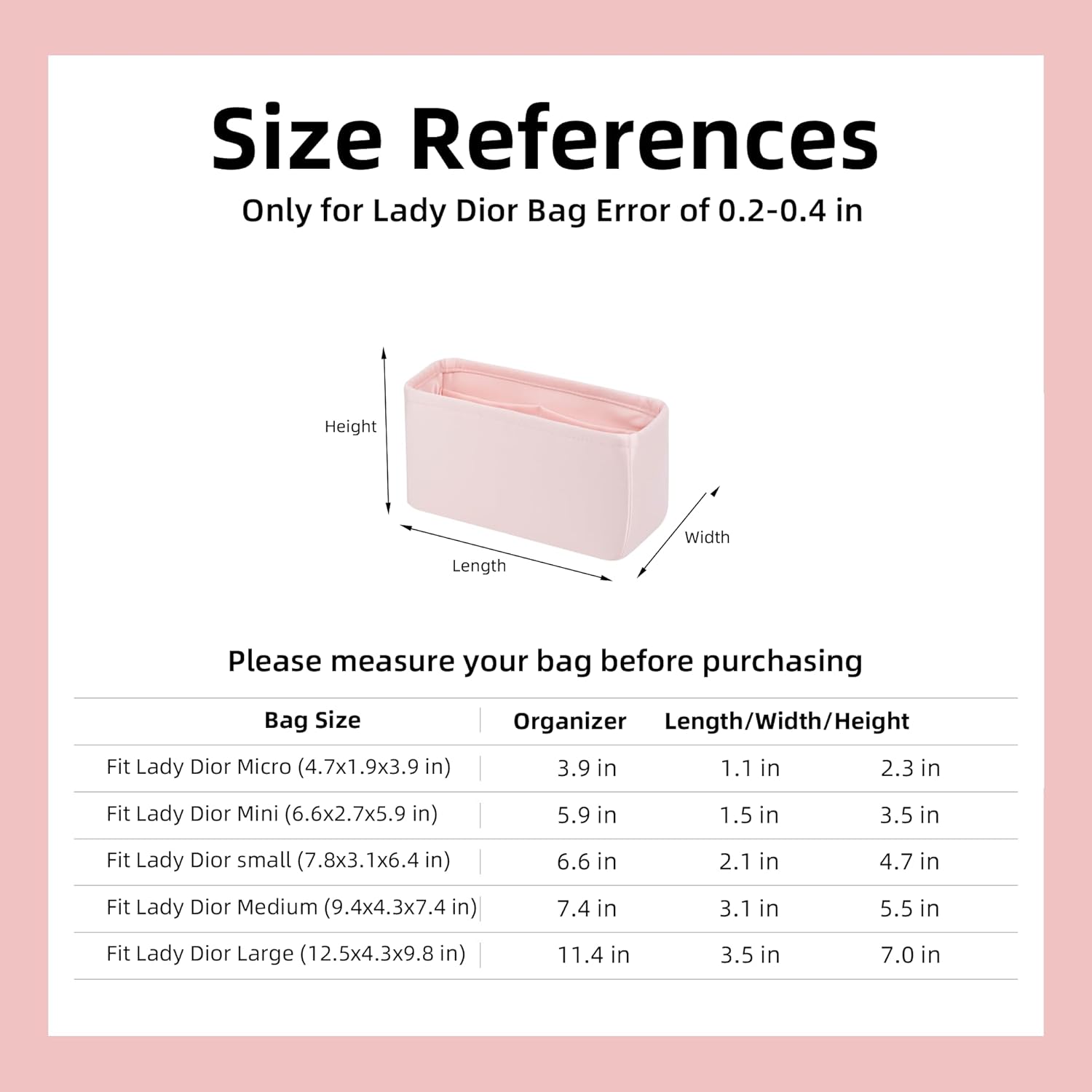 DGAZ Silk Purse Organizer Insert For Lady-Dior Micro/Mini/S/M/L bags，Silky Smooth Bag Organizer，Luxury Handbag & Tote Shaper（Pink，M）