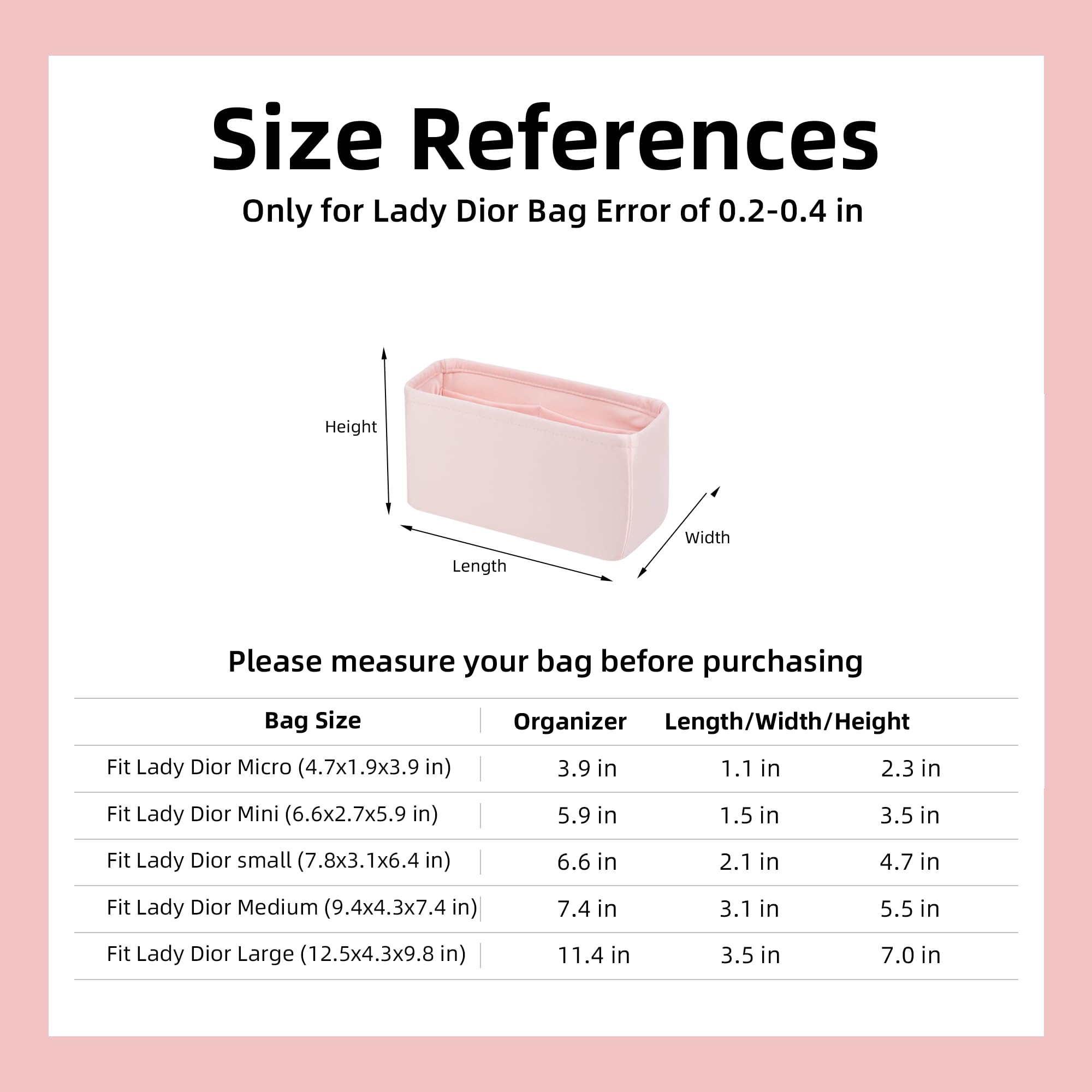 DGAZ Inserto organizer in seta per borse Lady-Dior Micro/Mini/S/M/L, liscio come la seta, borsa di lusso e modellante (rosa, S)