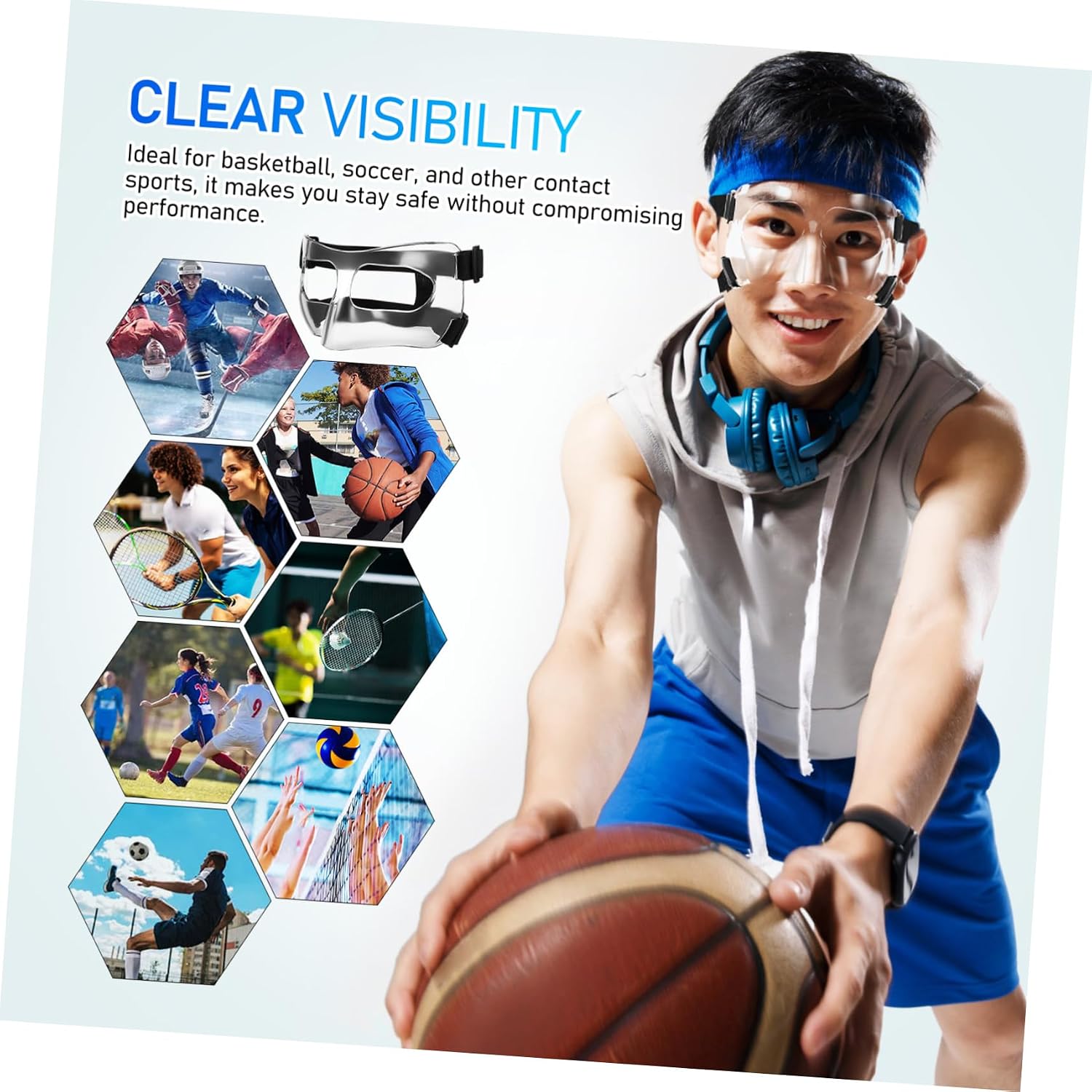 Kisangel Adjustable Clear Face Guard for Sports Basketball Baseball Nose Protector Lightweight and Ergonomic Design for Clear Versatile Fit for Youths and Adults