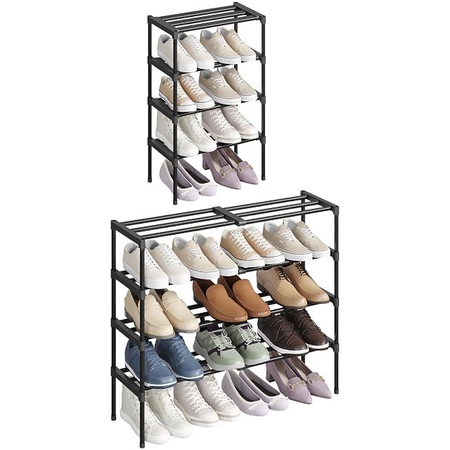 Lifewit Wysuwany regał na buty 42,5-78,7 cm, możliwość układania w stos, wstępnie zmontowane półki, montaż bez narzędzi, przechowywanie butów do korytarza, szafy na ubrania, garażu, 4 poziomy, czarny