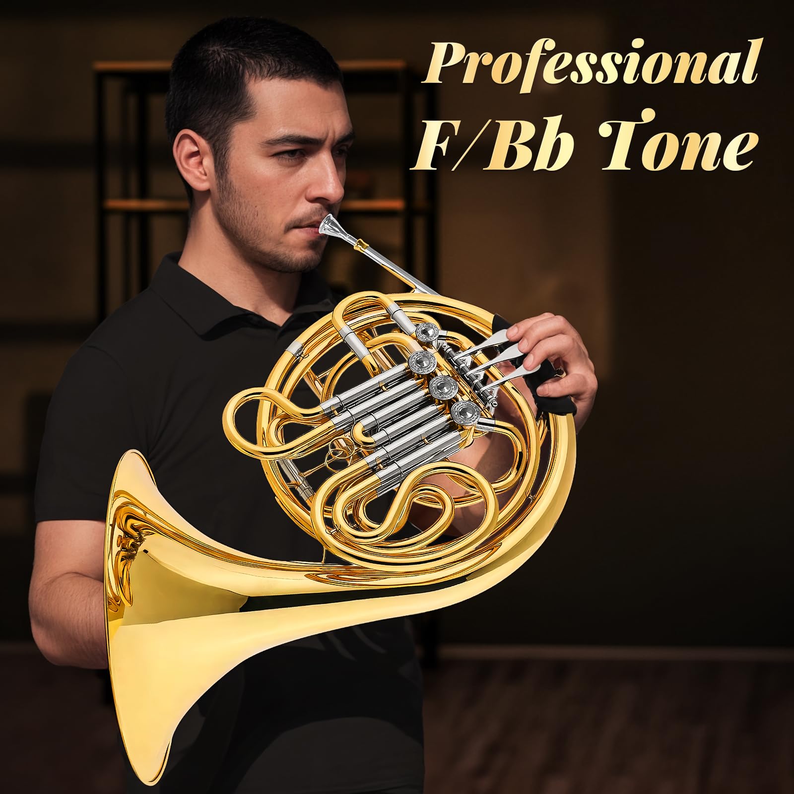 Double French horn, French horn, 4-button F/B tuning, select brass, one-piece French horn design, comes with backpack, gloves, cleaning cloth, and cleaning tool kit(gold, all-in-one)
