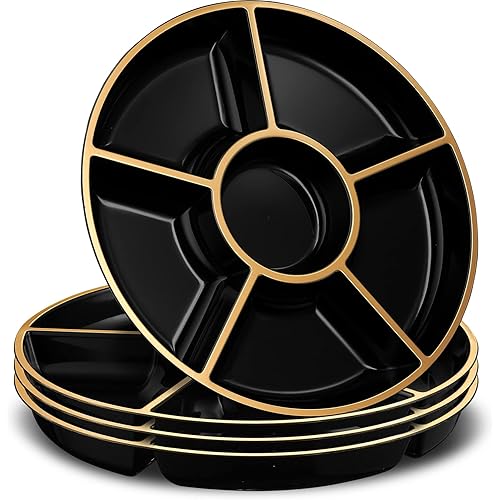 PLASTICPRO 6 Sectional Round Plastic Serving Tray/Platters Black & Gold Pack of 2