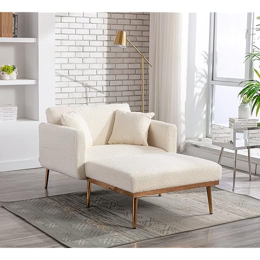 KINFFICT Convertible Chaise Lounge Chair, Modern Lounger Chair with 3 Adjustable Angles, Indoor Sleeper Sofa Bed with 2 Pillows, 400 LBS Weight Capacity, Creamy White
