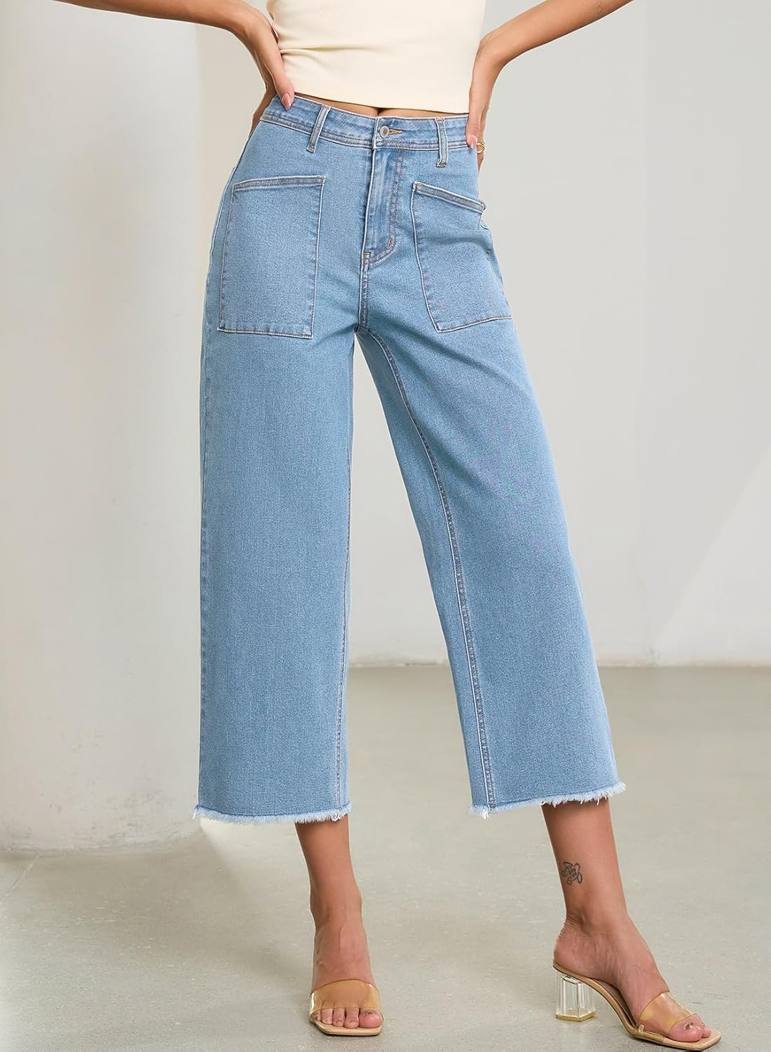 Sidefeel Womens Wide Leg Baggy Capri Jeans High Waisted Straight Leg Stretchy Raw Hem Cropped Denim Pants with Pockets - Image 4