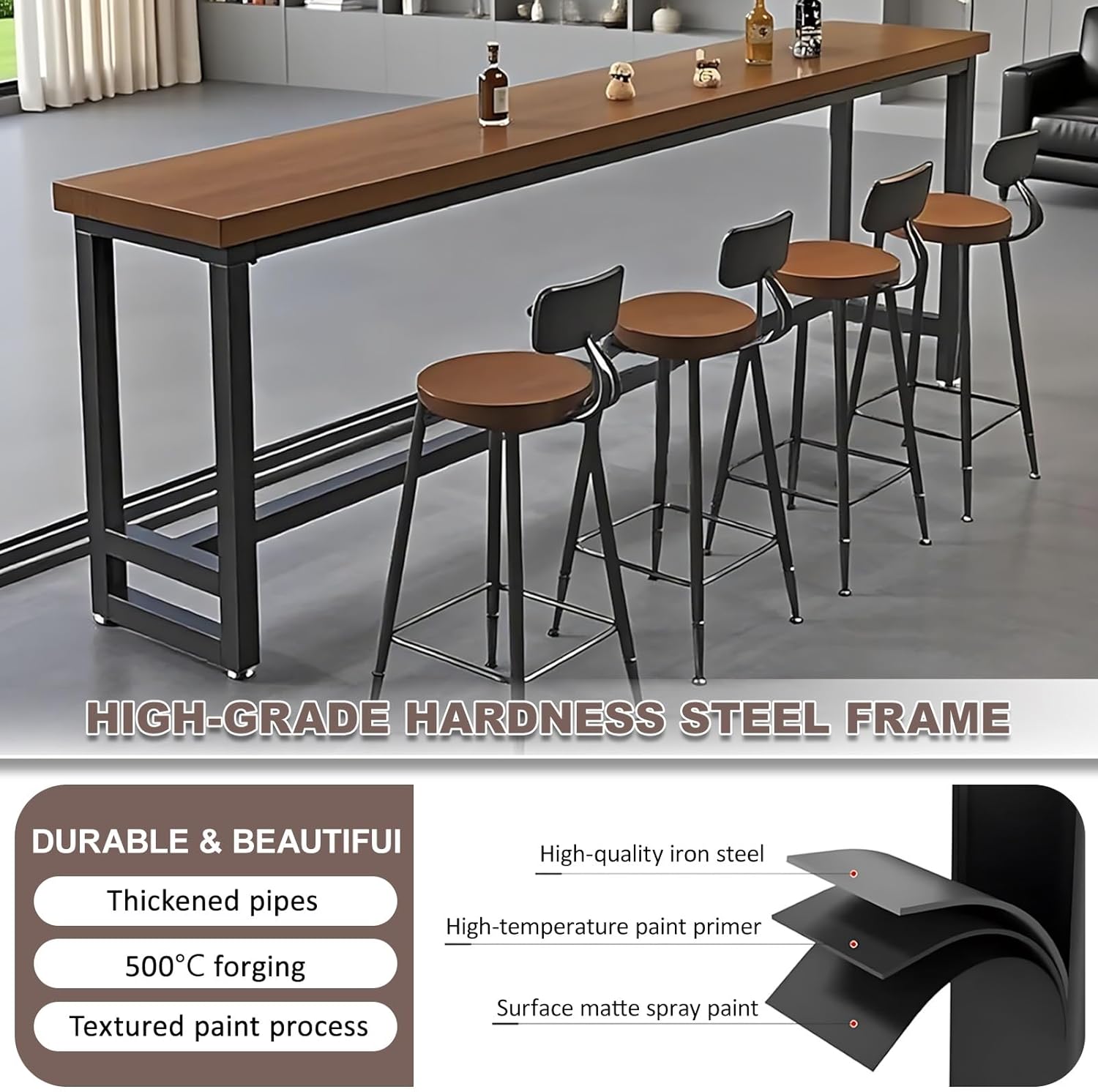 94.5" Farmhouse Modern Solid Wood Bar Table - Industrial Dining Room Bar Table, Rectangle Counter Height Dining Table Long Table for Kitchen Coffee Shop,No Stool