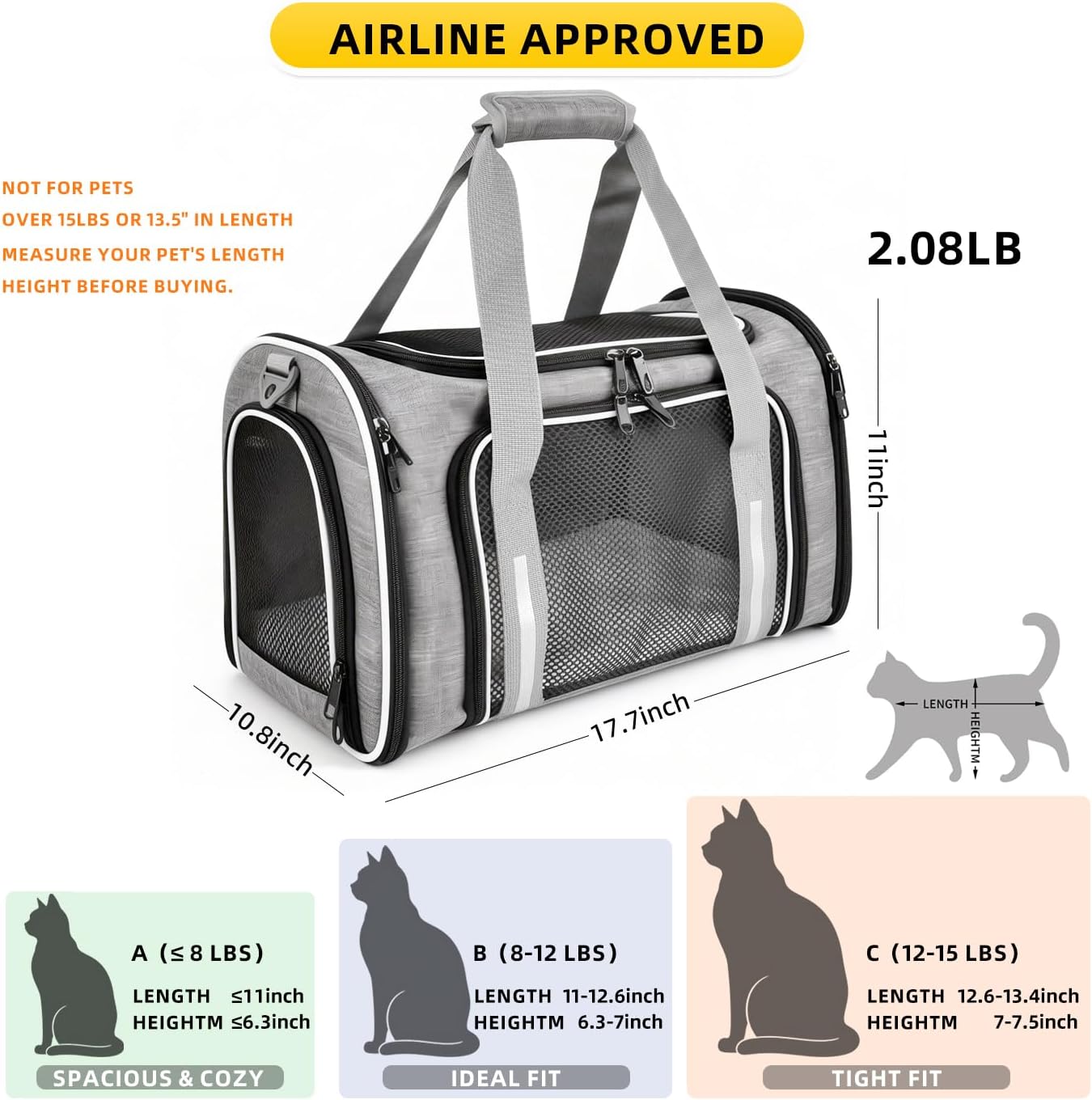 Airline Approved Cat Carrier, Soft Sided Pet Carrier for Small Dogs Cats up to 15lbs, Collapsible Sturdy Cat Travel Carrier, Claw-Resistant Mesh & Self-Locking Zippers (17.7x10.8x11) (Pink)