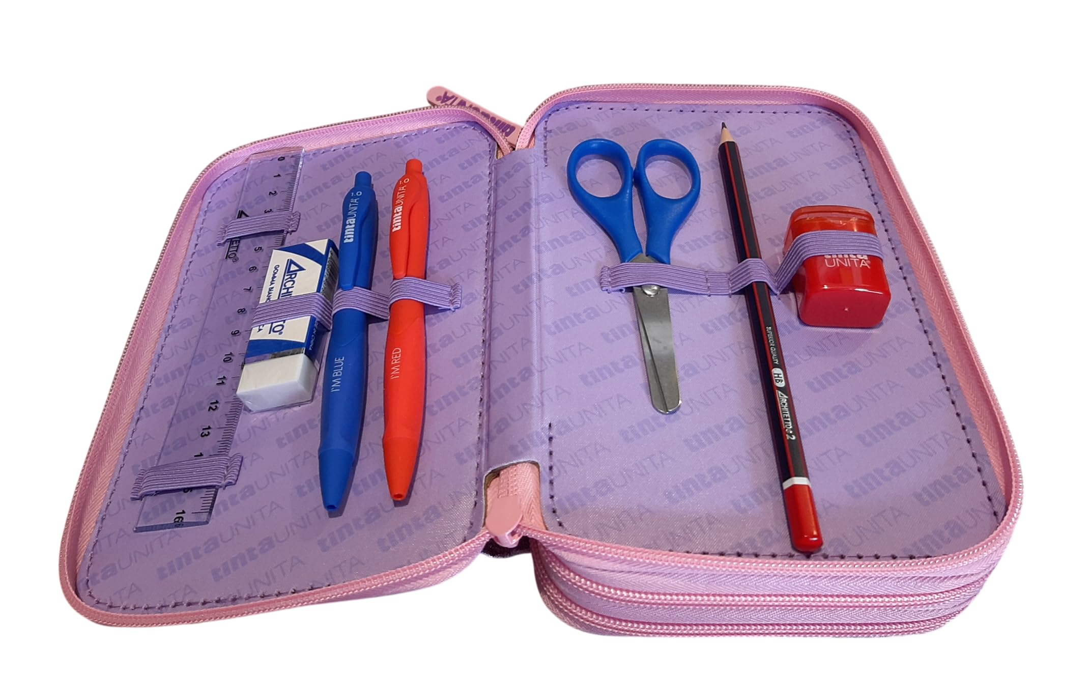 Estuche de color liso con 3 cremalleras Elegant Glamour Gradient rosa violeta completo de papelería + estuche ovalado con cremallera para escuela niña + llavero y bolígrafo de color