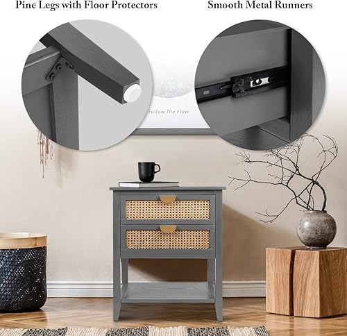 Miniatura 5 de PEIHONGET Mesitas de noche con 2 cajones mesita de noche de ratán mesa auxiliar organizador de armario de almacenamiento cajón y estante para