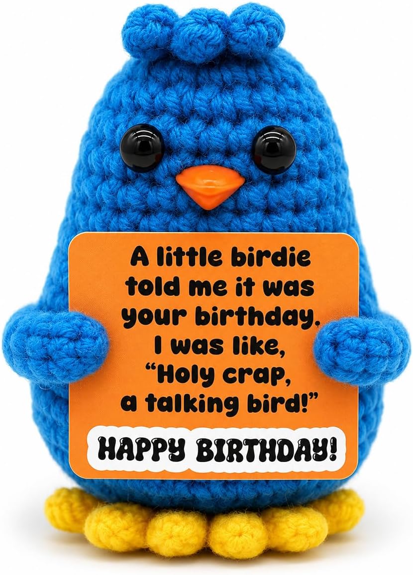 Happy Birthday Crochet Figurine – Cute Handmade Knitted Plush Decoration, Small Desk Decor Gift, Birthday Party Table Topper & Keepsake - Birdie