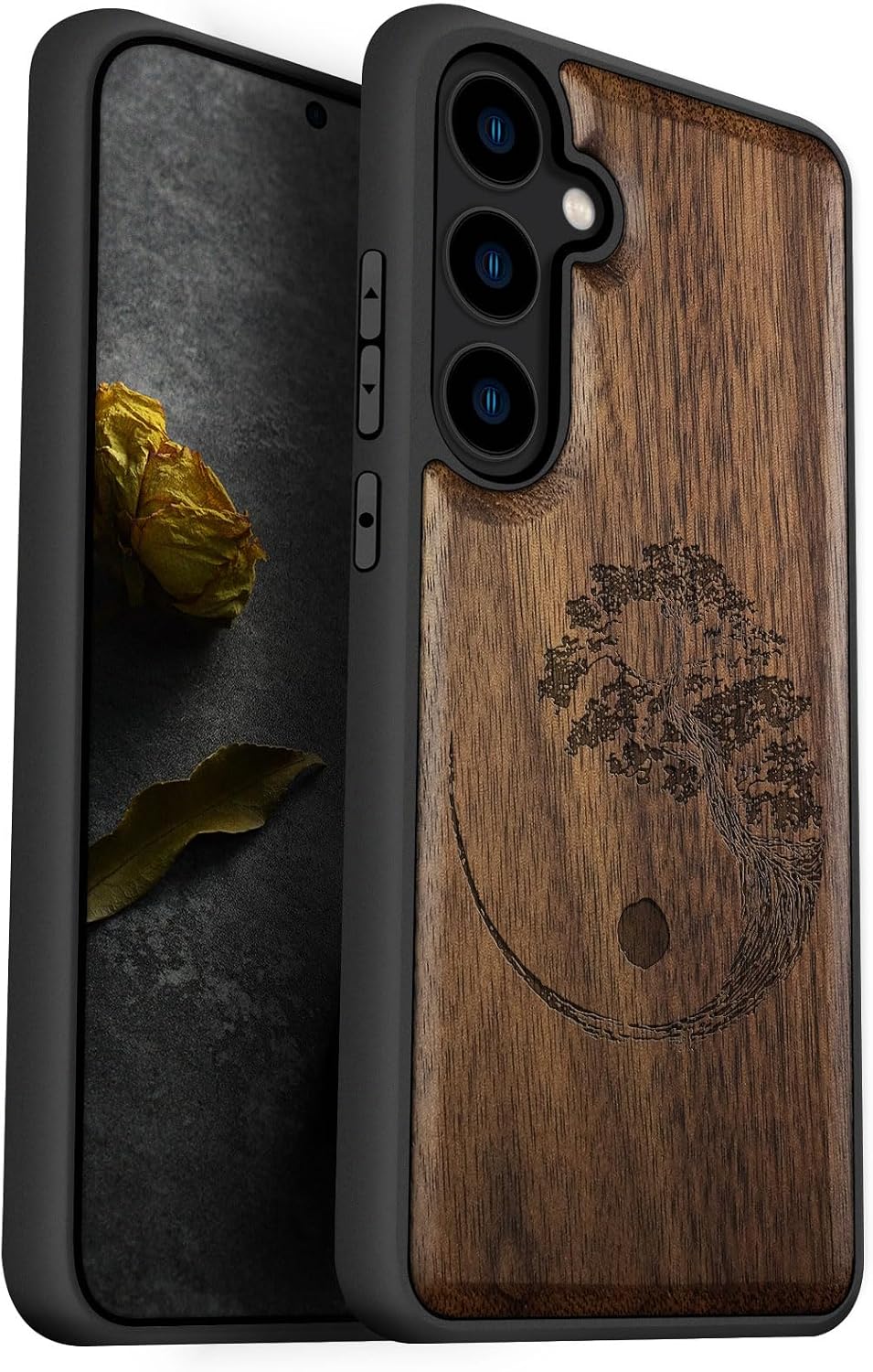 Carveit Wood Case for Galaxy S24 Plus Case [Natural Wood & Black Soft TPU] Shockproof Protective Cover Unique Wooden Design Compatible with S24 Plus (Yin Yang Bonsai Tree-Walnut)