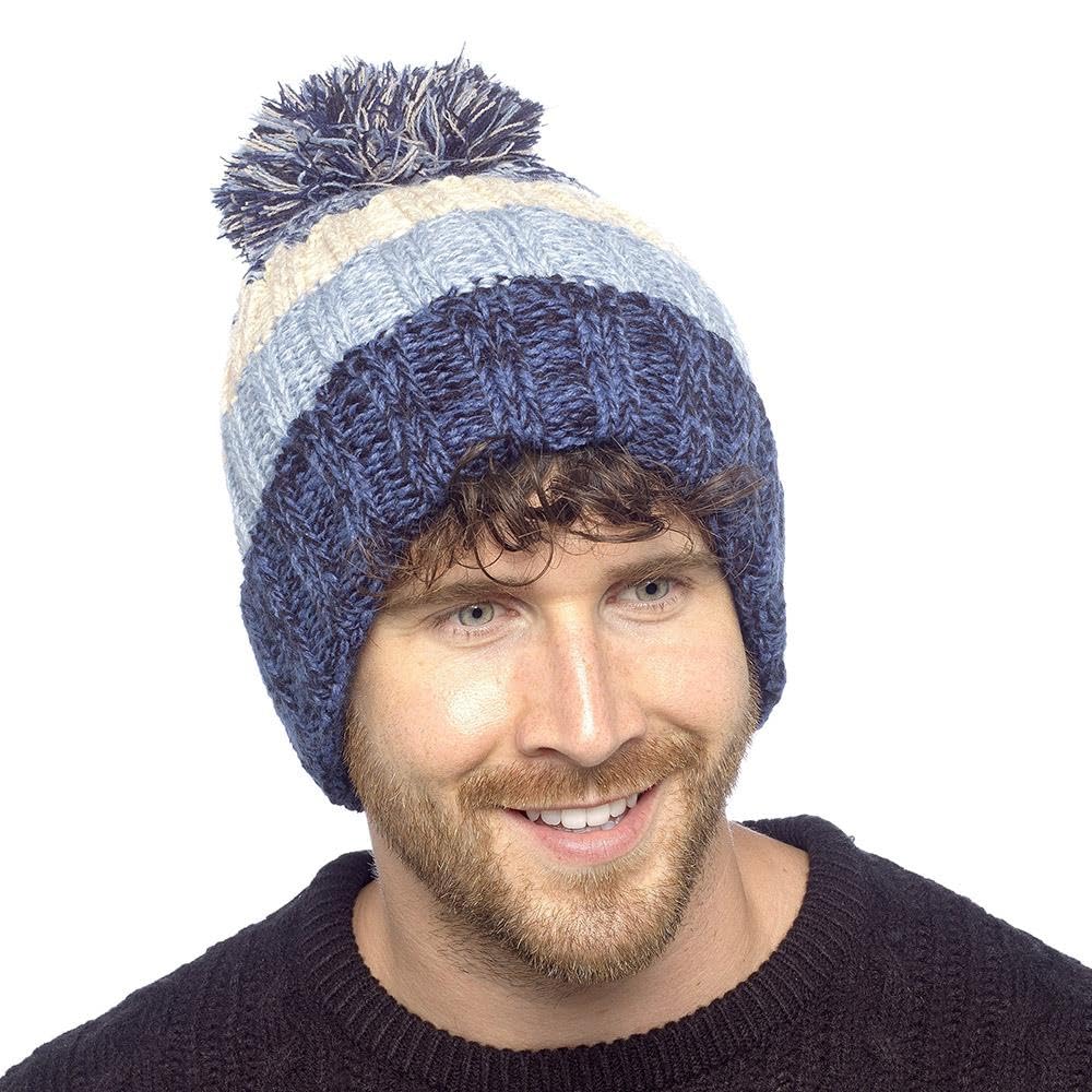 A2z Women's Navy / Blue Mens Knitted Twist Yarn Stripe Beanie Hat With Sherpa Fleece Lining And Bobble - Hat Mh1291 Navy/Blue One Size