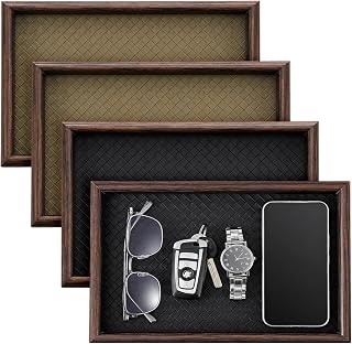 4 Pack 11.8" Wood Valet Tray, Leather Base EDC Catchall for Nightstand | 4 Pack, 11.8x7.9x1.3 Inch, MDF Wood, Faux Leather Base, Black Green, for EDC Keys Wallet Nightstand Office