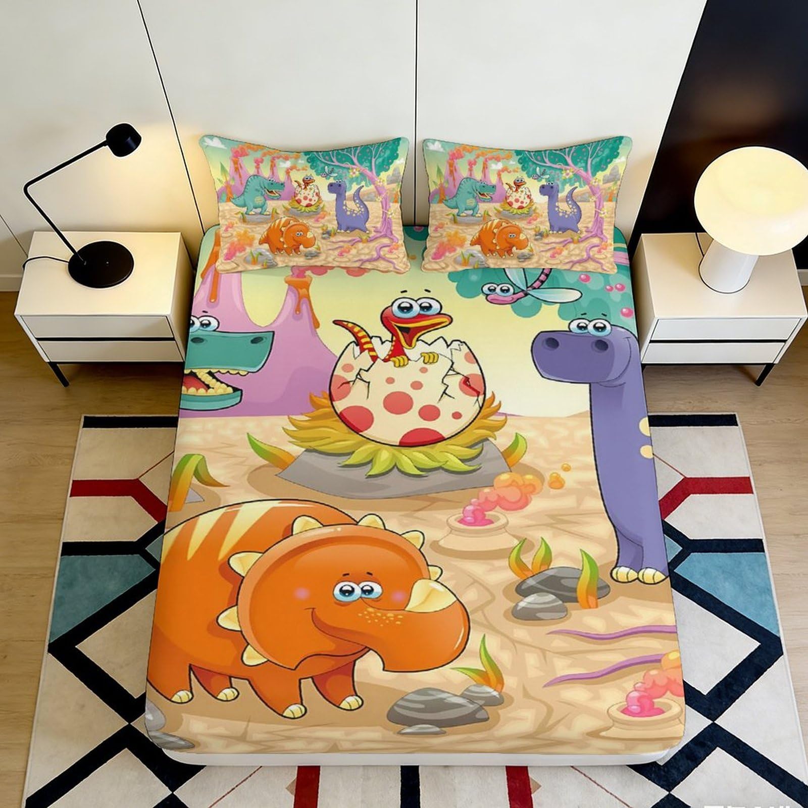 3D Printed Cartoon Dinosaur Fitted Sheet Microfiber Soft Breathable Jurassic Bed Cover for Bedroom Dorm Mattress Protection Decor 90x200x25cm