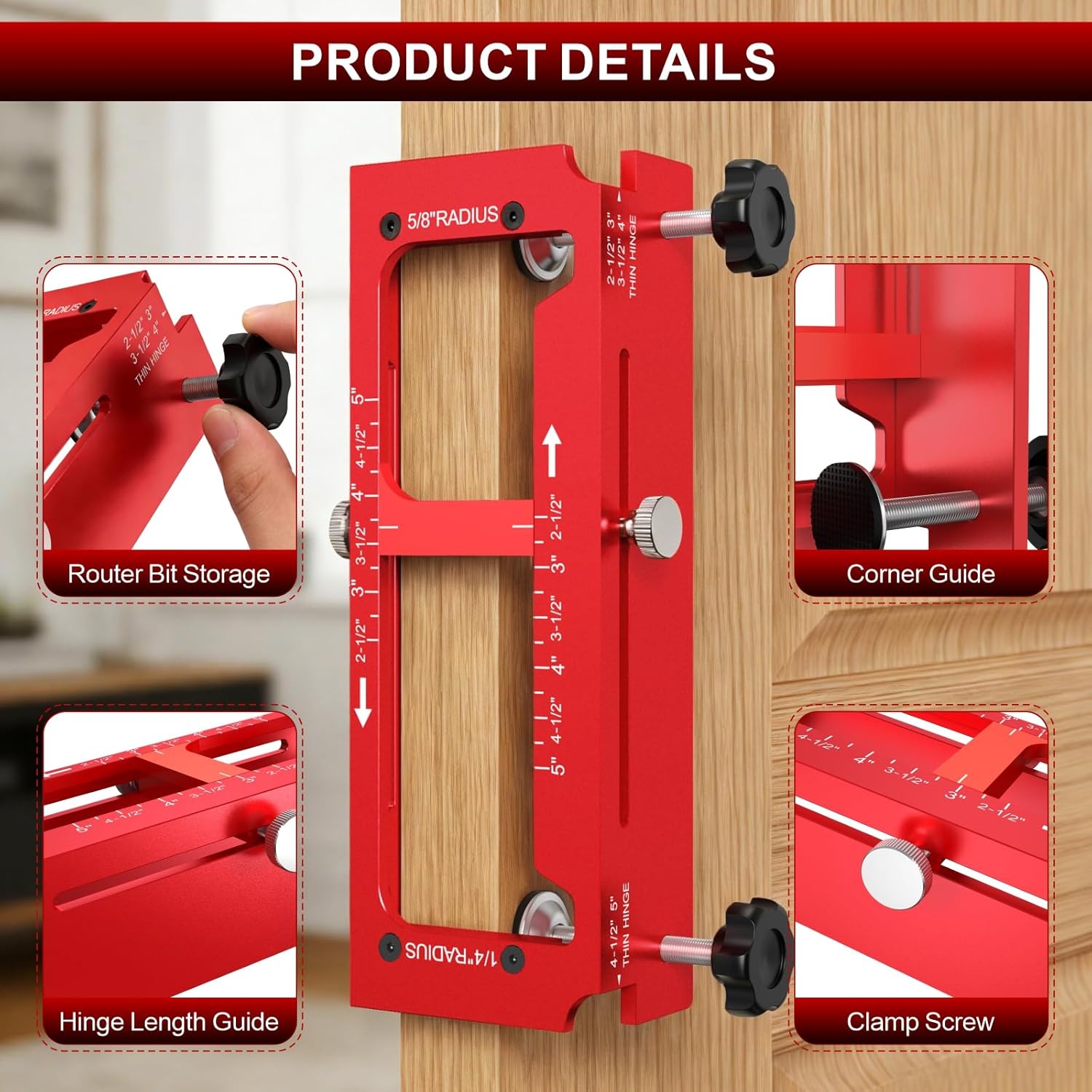 Door Hinge Jig Aluminum Alloy Adjustable Mortise Jig - Router Template Kit for 2.5"-5" Hinges, 1/4" 5/8" Radius, Square Corner