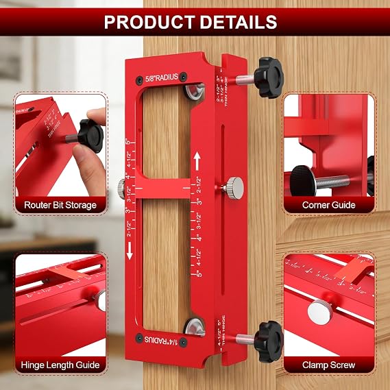 Aluminum Door Hinge Jig, Adjustable Mortise Router Template for 2.55 | Supports 1/4, 5/8 Radius & Square Corner Hinges, Mortising Template Kit for Door Hinge Cutout