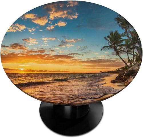 Vista 123 de cfpolar Mantel redondo ajustable de verano, hojas de palma tropical, borde elástico, mantel redondo lavable para uso en interiores y exteriores, se