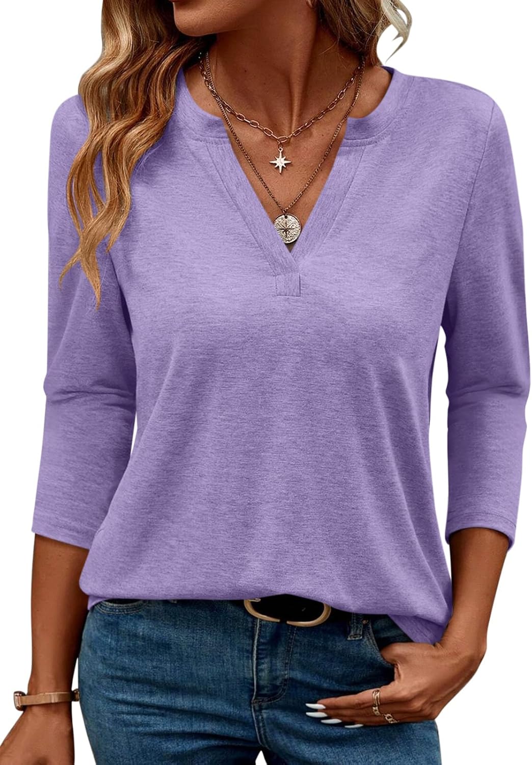 TICTICMIMI Women's V Neck 3/4 Sleeve T Shirts Casual Basic Summer Tees Shirts Loose Fit Tunic Tops