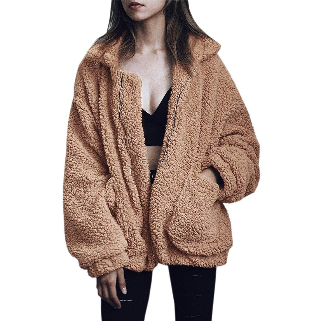 Jackets for Women,Casual Fleece Fuzzy Faux Shearling Warm Winter Oversized Outwear Jackets Shaggy Coat