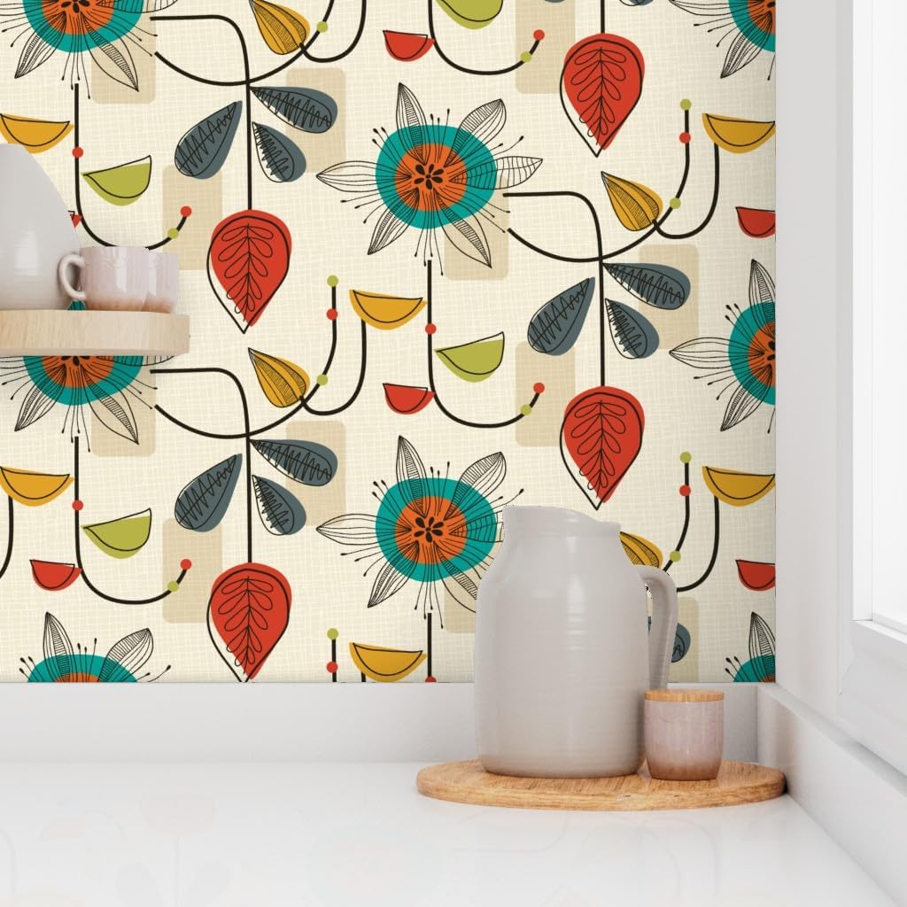 Spoonflower Peel & Stick Wallpaper 3ft x 2ft - 1950 Mid Century Modern, Retro, Vintage, Classy, Floral,Cream, Blue, Red, Block, Geometric, Custom Removable Wallpaper
