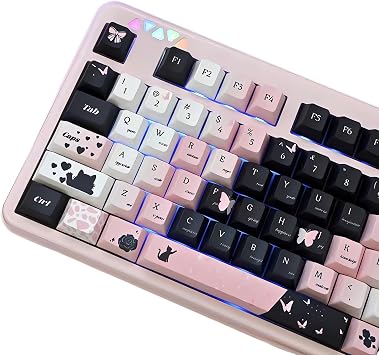 PBT Keycaps,128 Keys Cute Keycaps Set Dye-Sublimation Creamy Keycap,Cherry Proflie Custom Key Cap for DIY MX Swithes Mechanical Gaming Keyboards Black-Pink