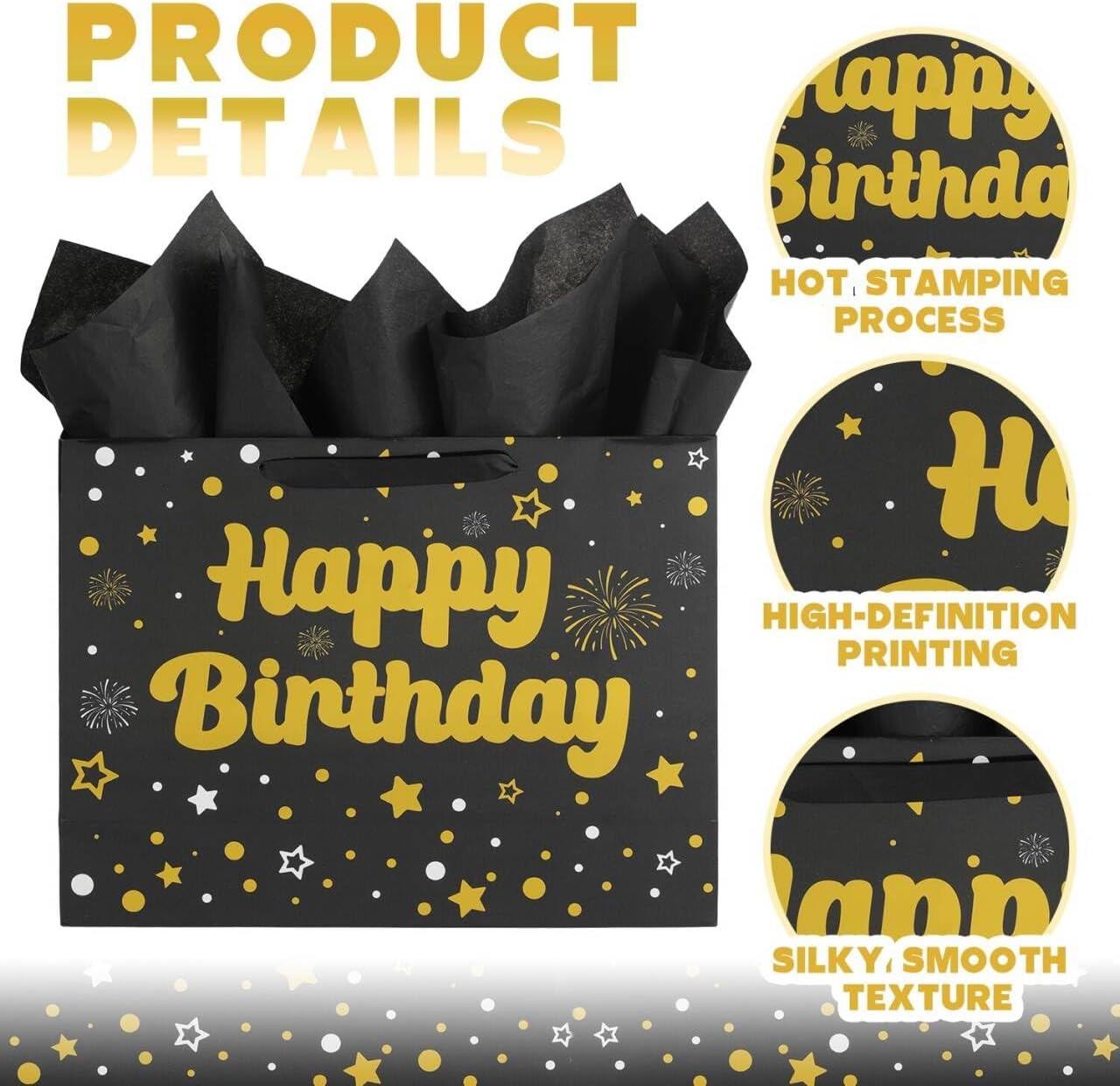 CEMECER 16.5” Extra Large Gift Bag Set with Handles, Black Gold Happy Birthday Bag, Greeting Card, Tissue Papers for Man Women Girls Boys Kids Party Supplies Decorations.(Black) - Image 3