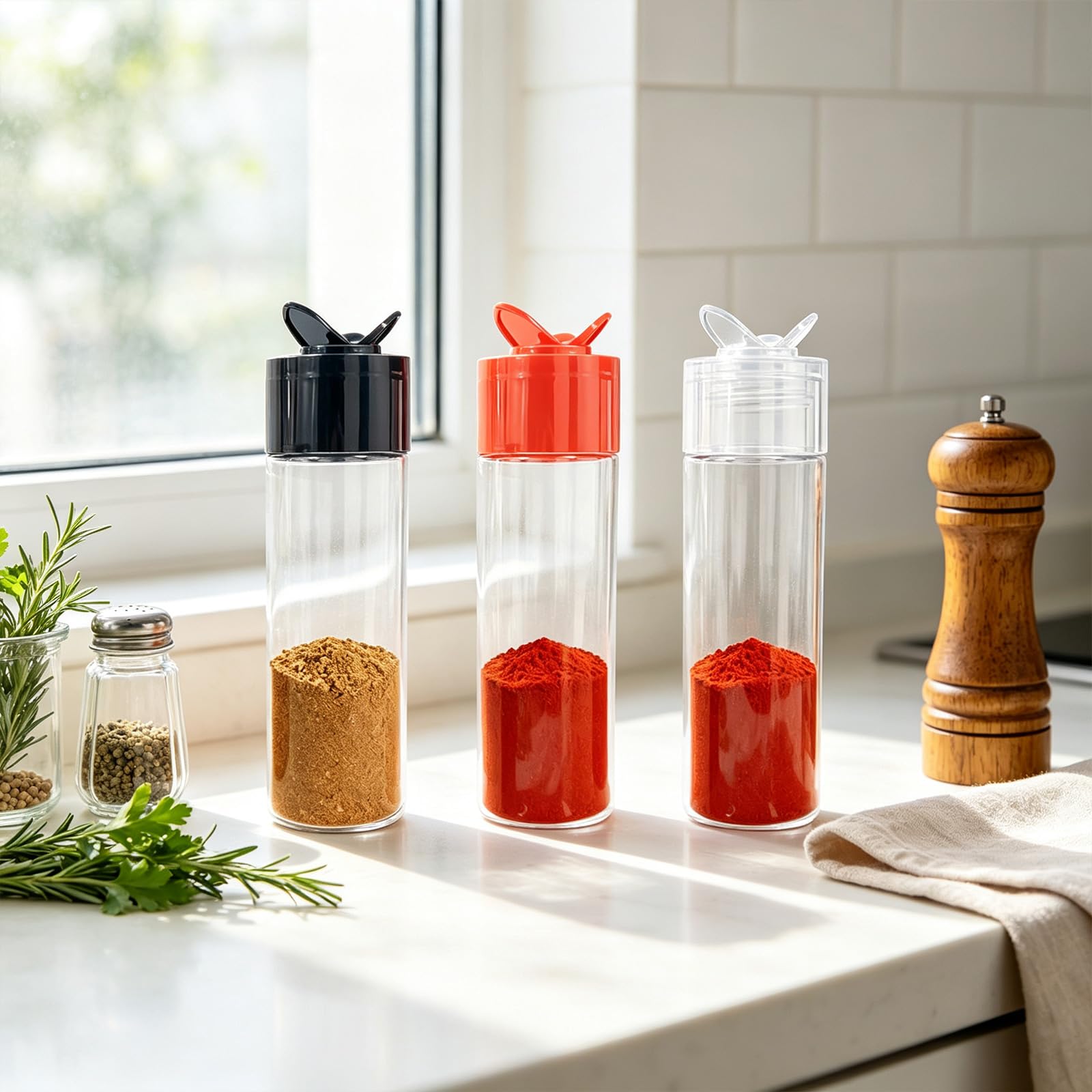 PANGBOER Set Bottiglie condimento con Design a Coperchio Diviso, contenitori Shaker in Pet Trasparente da 6, 7 ​​Once, Confezione da 30 per Uso da Tavolo in Cucina Set Bottiglie condimento Dispenser