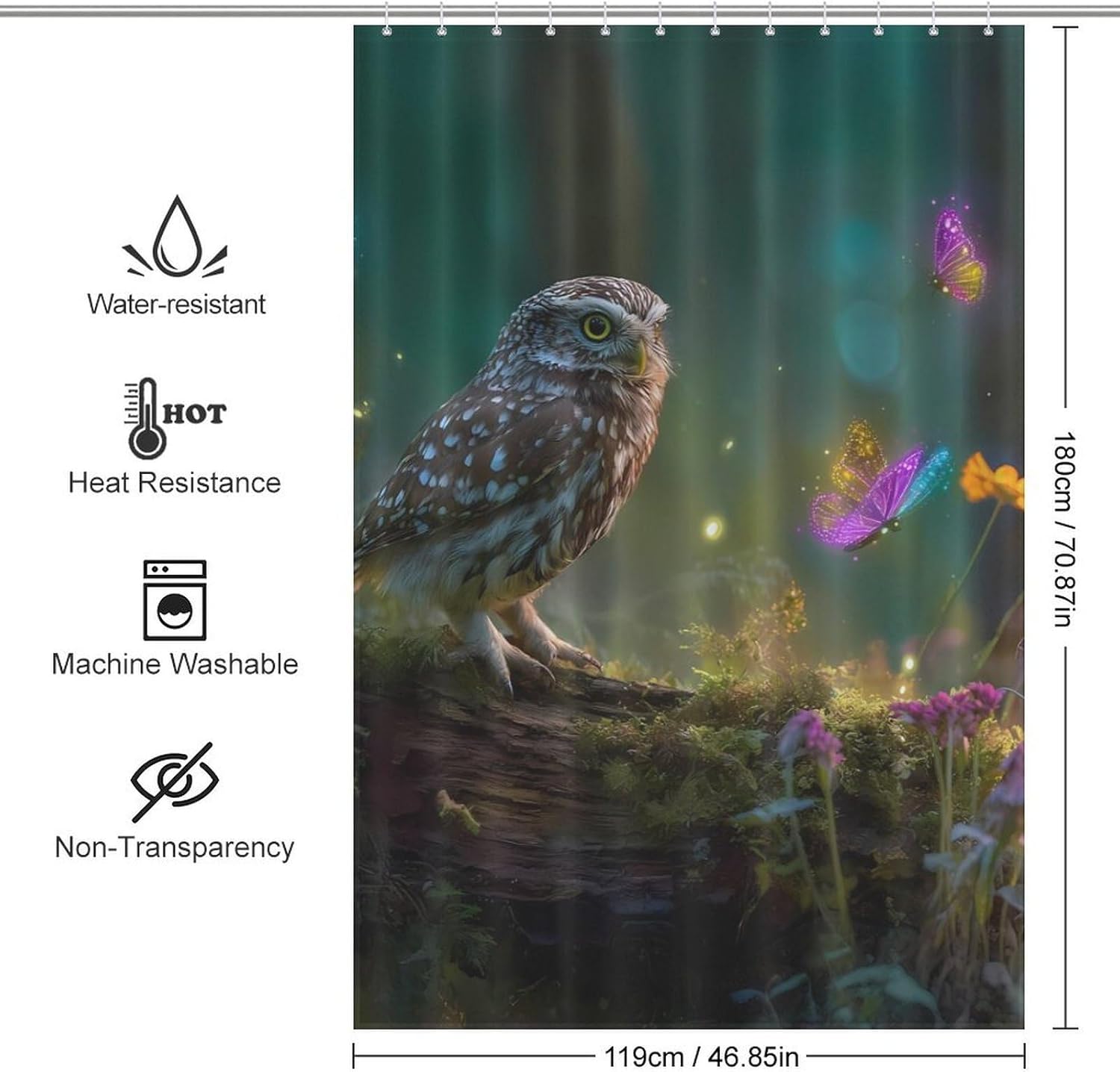 Cute Owl Butterfly Shower Curtain 46.85x70.87Inch（119x180cm） Polyester Bath Curtain Shower Curtains Printed Decorative