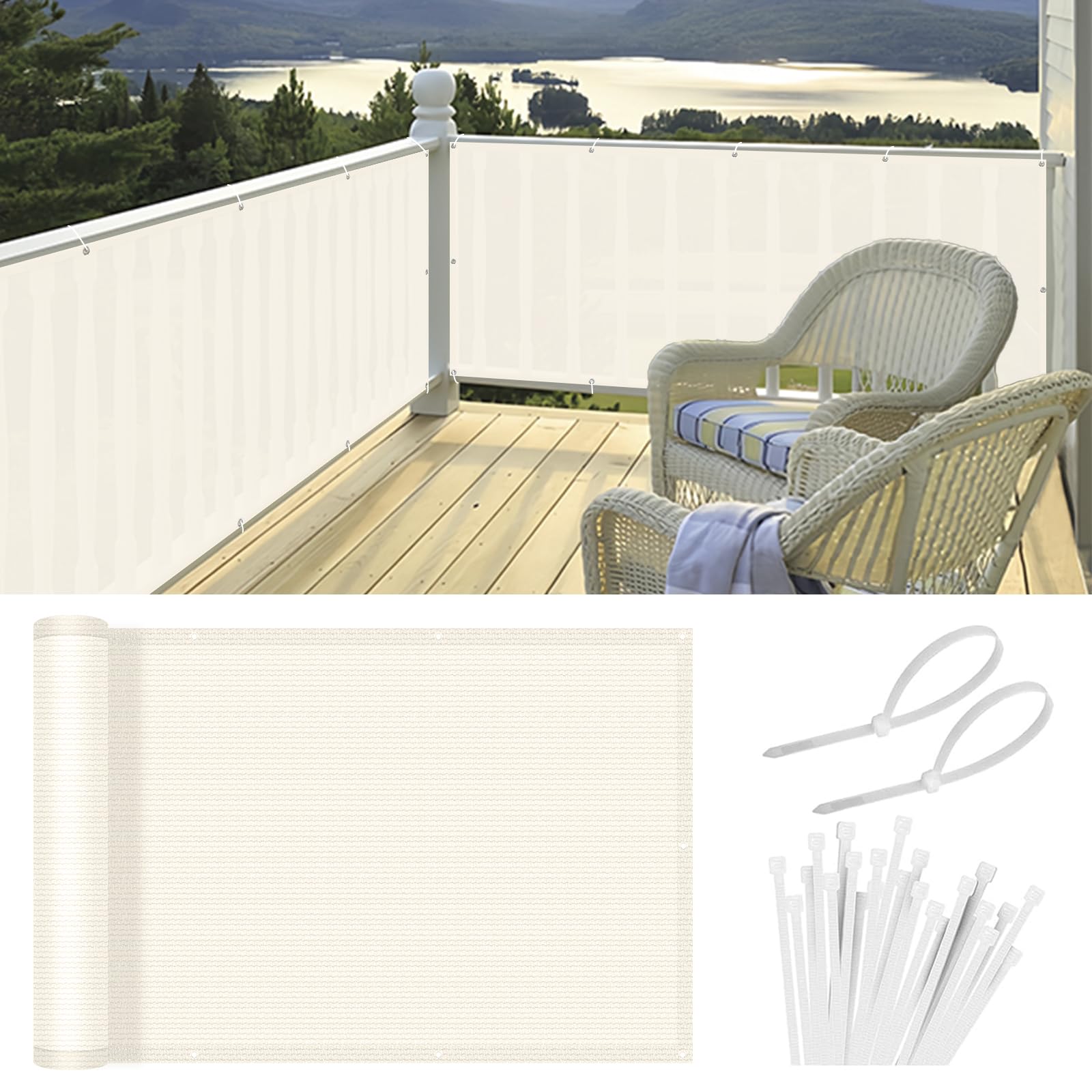 HENG FENG Balcony Privacy Screen 1x5m, Screen Fence Cover (HDPE), 95% UV Protection for Deck, Patio, Backyard, Outdoor Pool, Porch, Railing,Cream — image 1