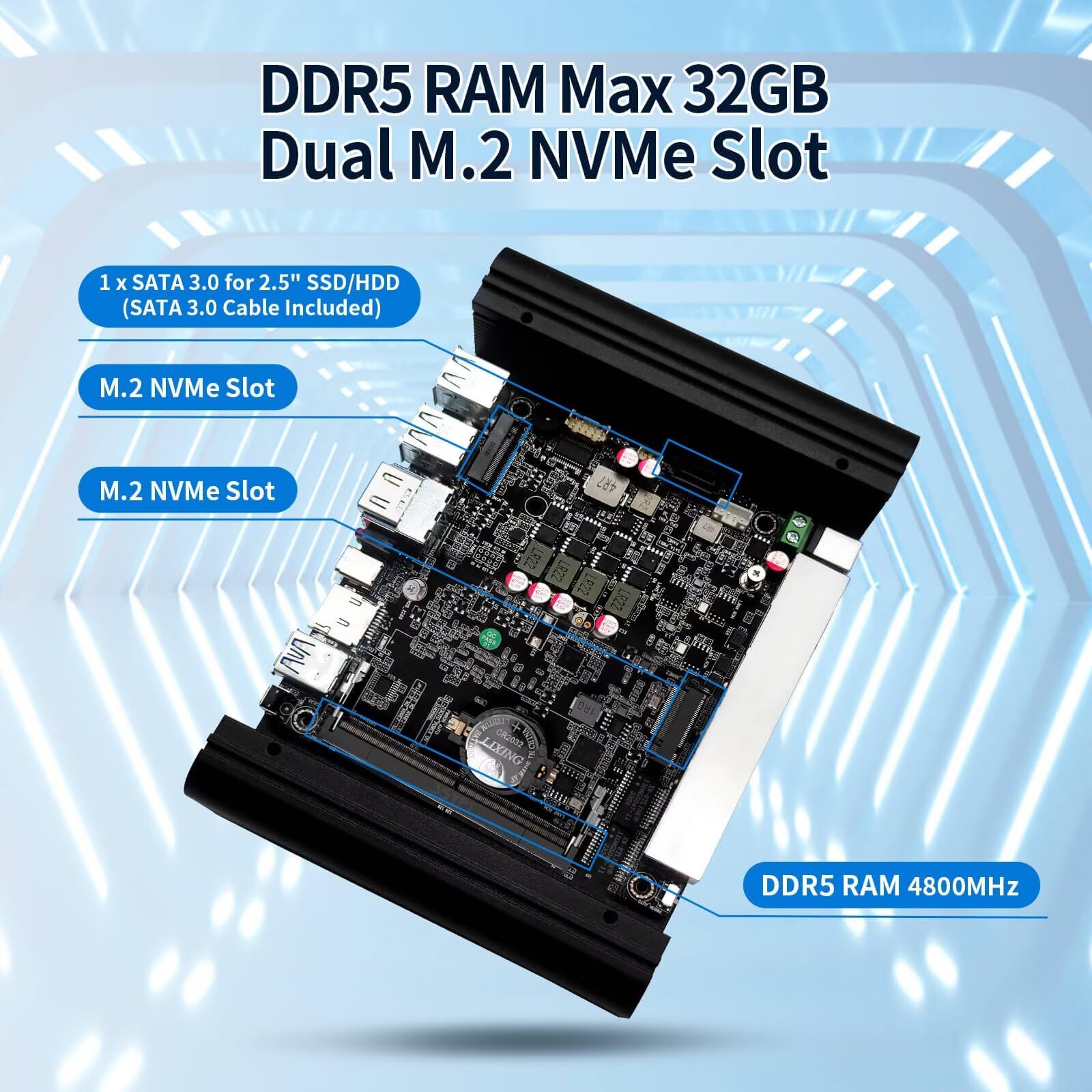 N150 Mini PC Firewall (N100 Upgrade), 6 x 2.5 GoE i226V LAN Fanless OPNsense Router Computer, DDR5 8 Go RAM 128 Go NVMe SSD, AES-NI, 2HD + USB-C 3 Display, 2 x M.2 NVMe Slot