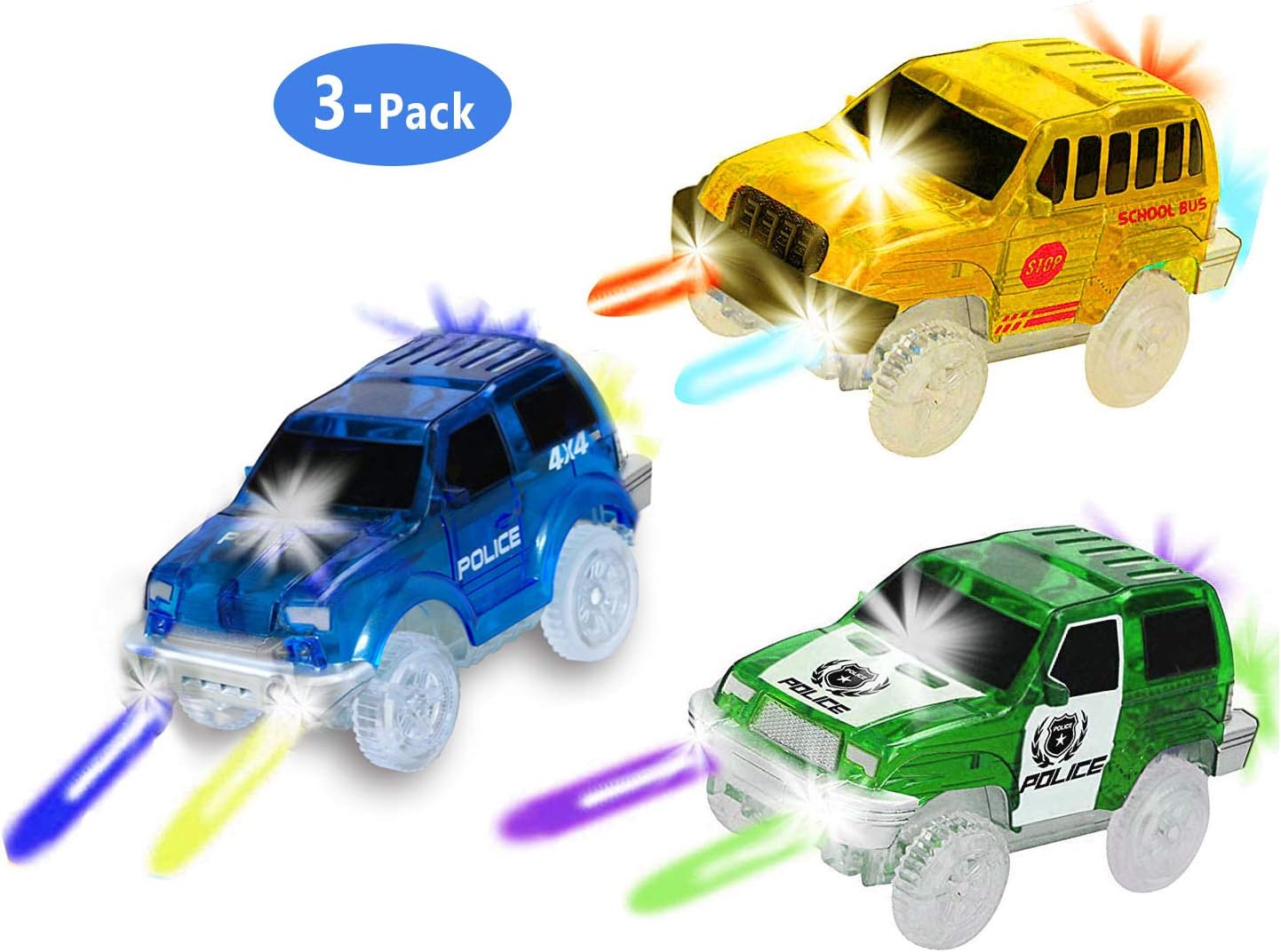 THREE BEARS Track Cars 3-Pack, with 5 LED Light Per Vehicles, Glow in The Dark Compatible with Most of Racing Tracks, Boys and Girls