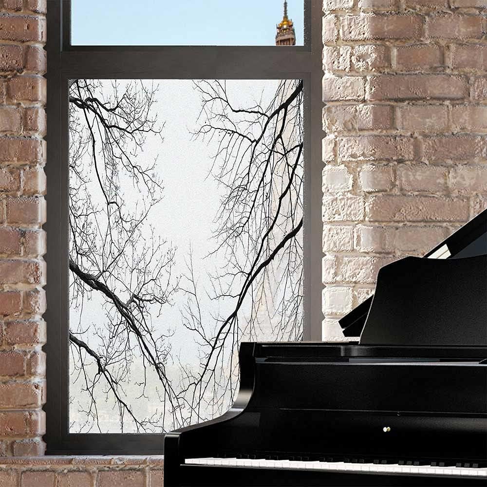 Forest Window Film Decorative Window Film,Trees Branches Leafless Spooky Scary Image in a Gloomy Air Sky Scene Image Door Privacy Film for Bathroom Kitchen Room Office,Black and White,24x36 inch