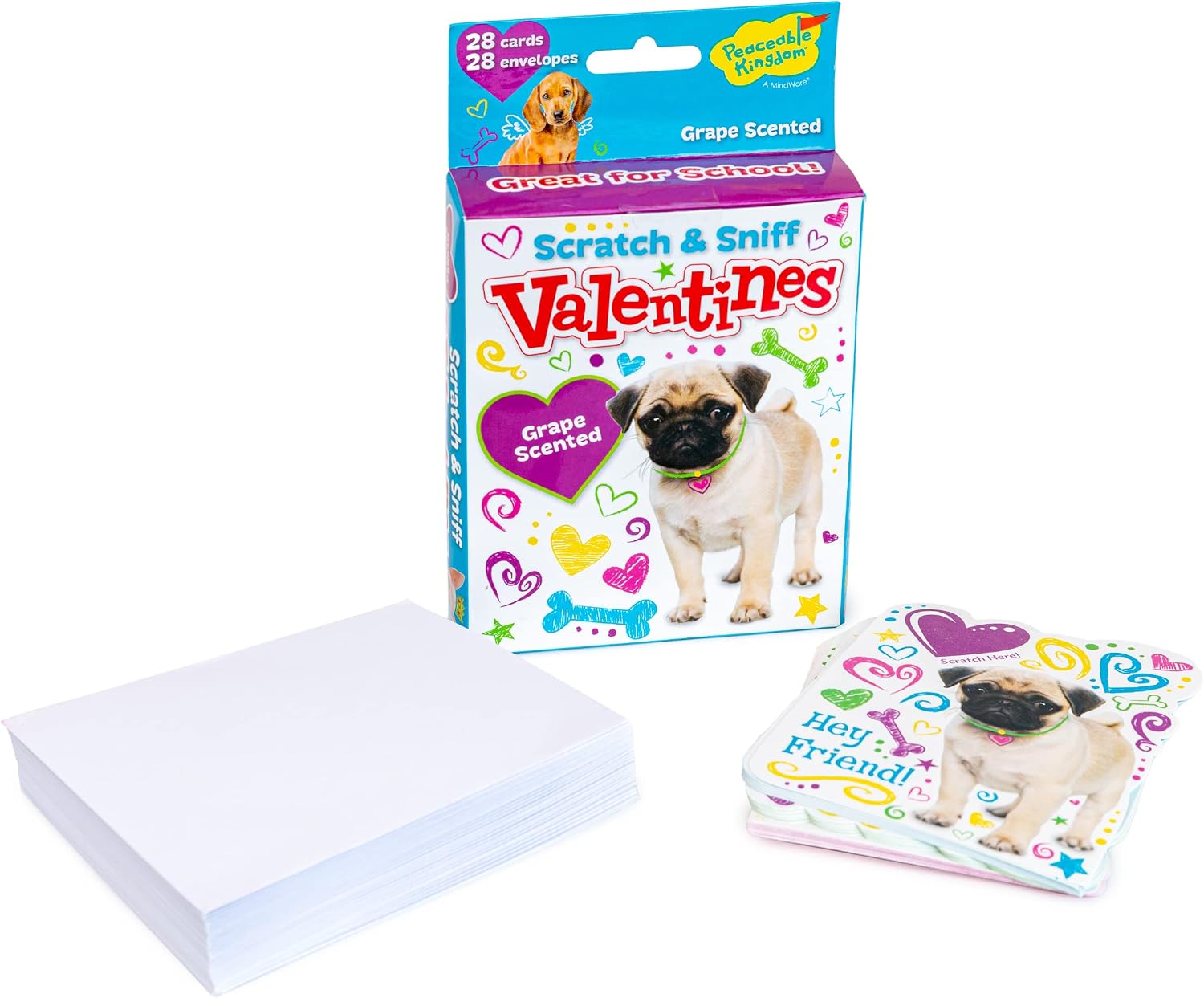 Peaceable Kingdom Scratch and Sniff Dog Valentines - 28 Grape Scented Card Pack