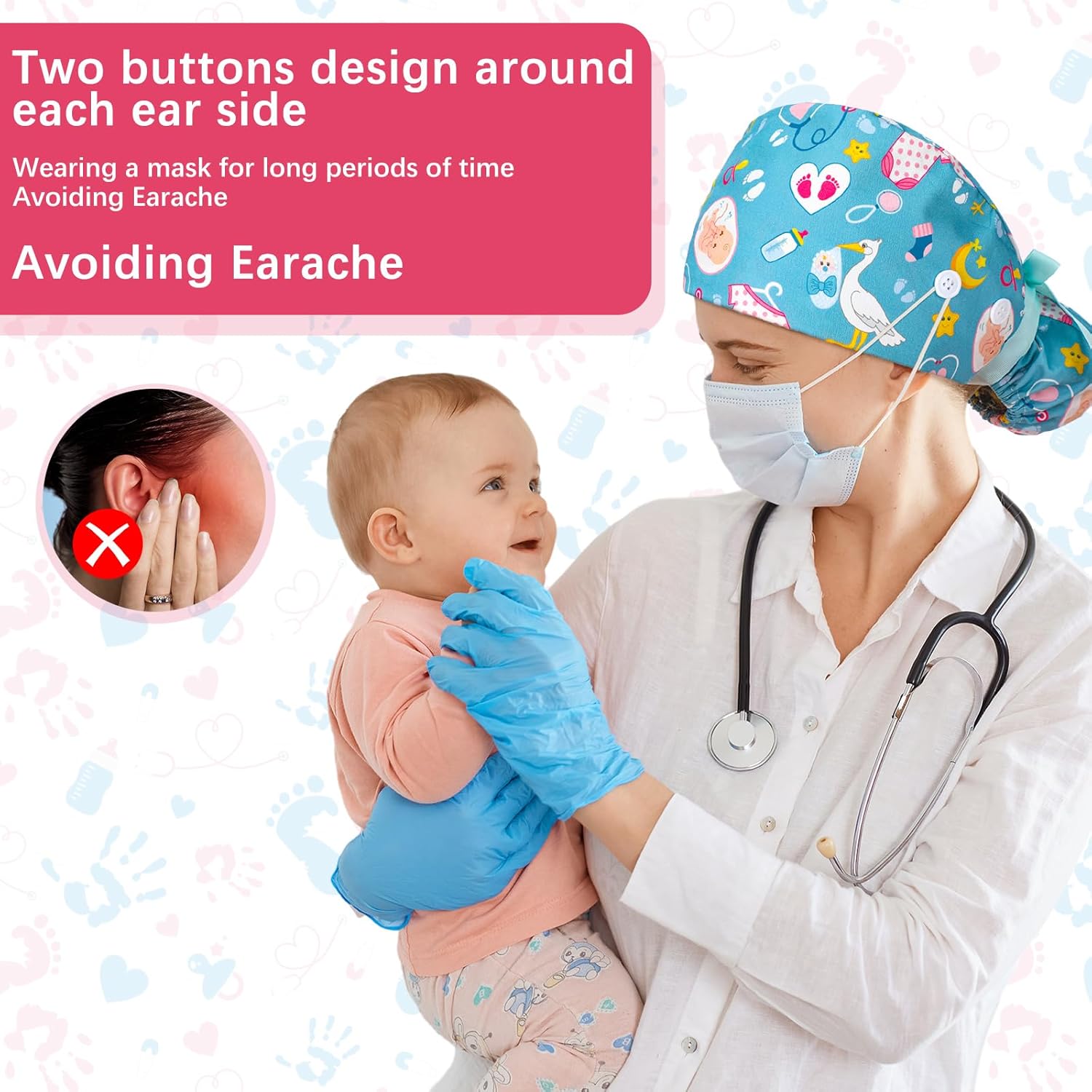 6 Pcs Labor and Delivery Scrub Caps with Sweatband Buttons for Women Nursing Adjustable Hat for Midwife Obstetrics - Image 3