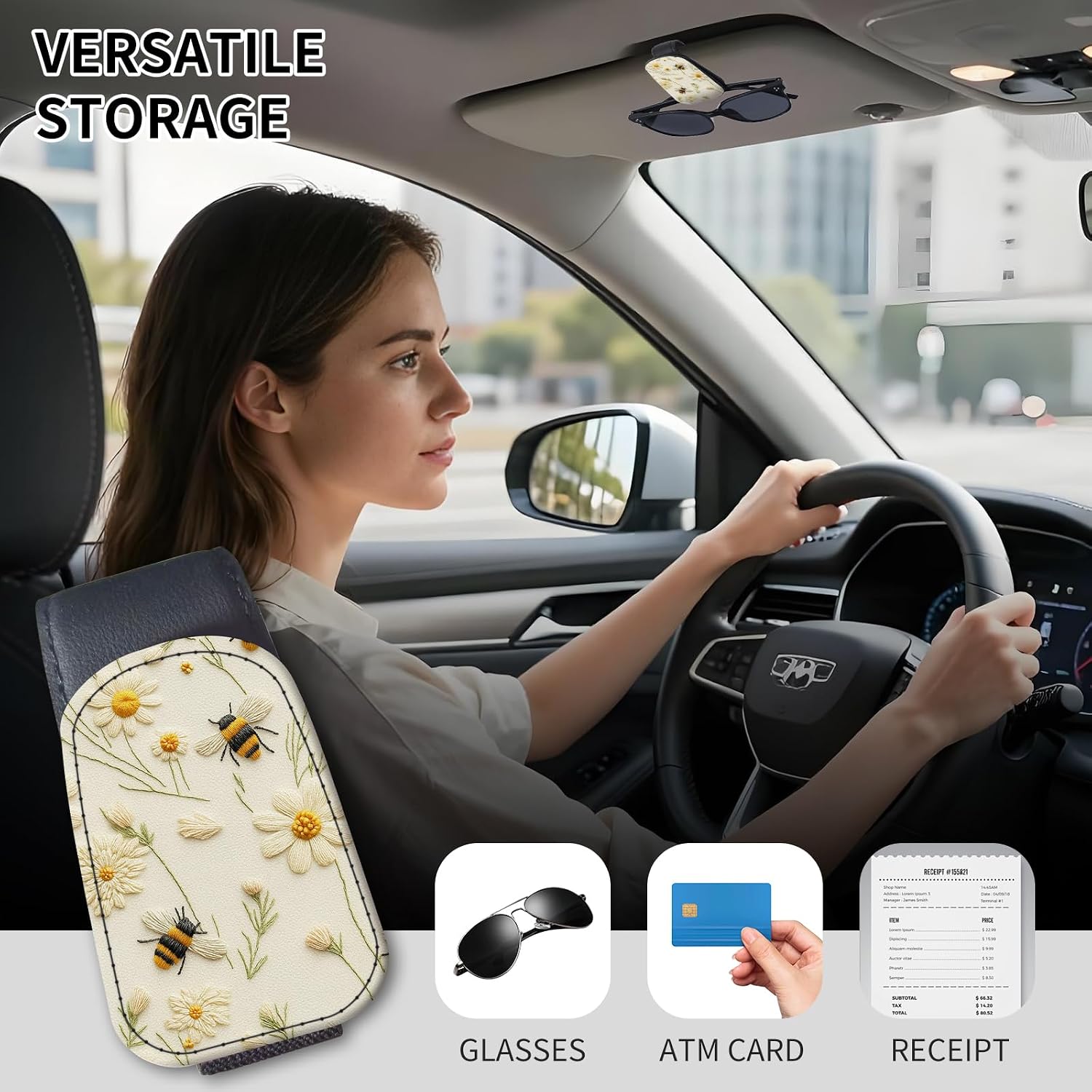 Sunglasses Holder for Car Visor, PU Leather Glasses Clip Organizer, Cute Magnetic Eyeglass Holder for Vehicle Sun Visor, Car Interior Accessory for Women & Men Bee Daisy Cream