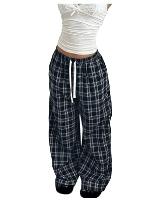 SweatyRocks Womens Plaid Wide Leg Baggy Pants Drawstring Elastic Waist Casual Palazzo Trousers with Pocket