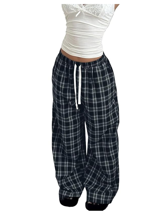 SweatyRocks Womens Plaid Wide Leg Baggy Pants Drawstring Elastic Waist Casual Palazzo Trousers with Pocket