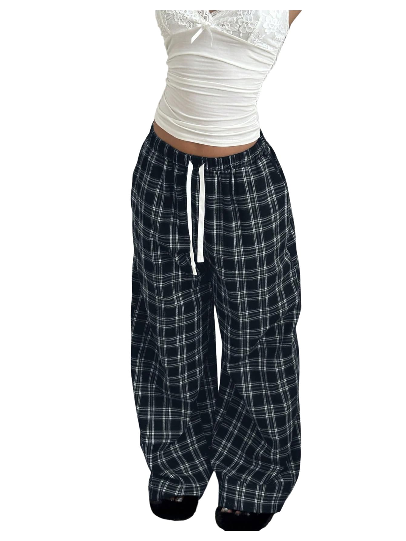 SweatyRocks Womens Plaid Wide Leg Baggy Pants Drawstring Elastic Waist Casual Palazzo Trousers with Pocket
