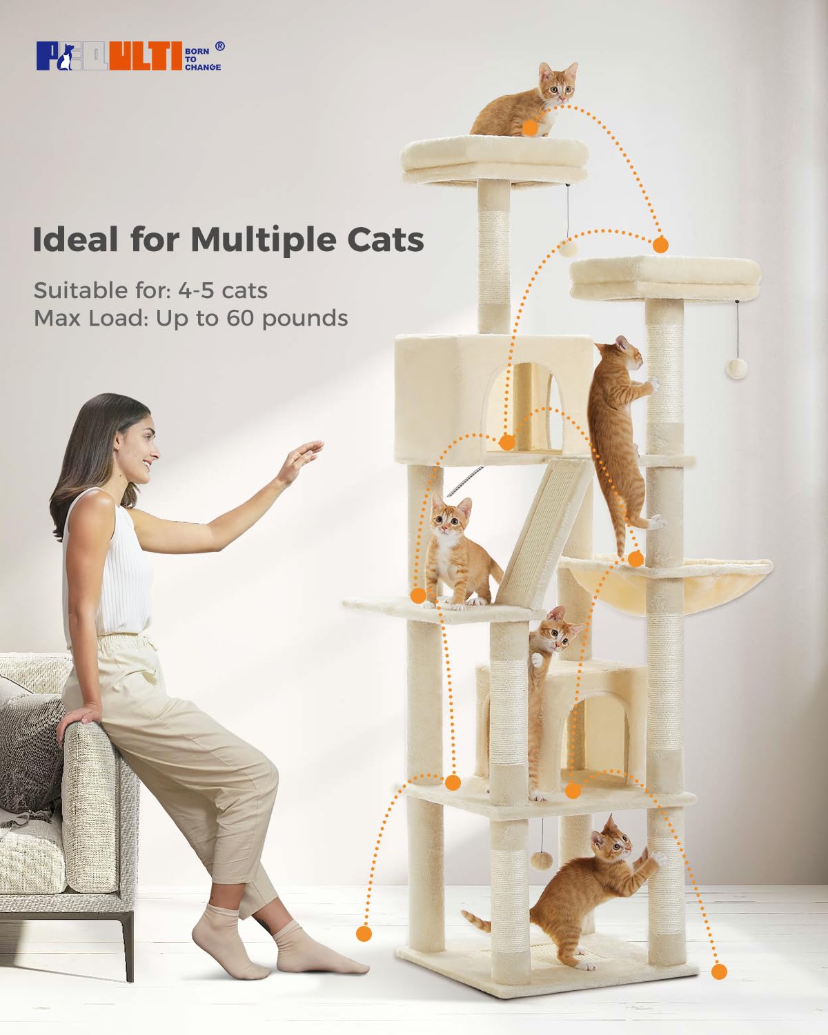 PEQULTI 71'' Cat Tree for Indoor Cats with Big Hammock, Tall Cat Tower for Large Cats with 2 Cat Condo, 2 Soft Top Perch, Scratching Posts and Pad, Beige
