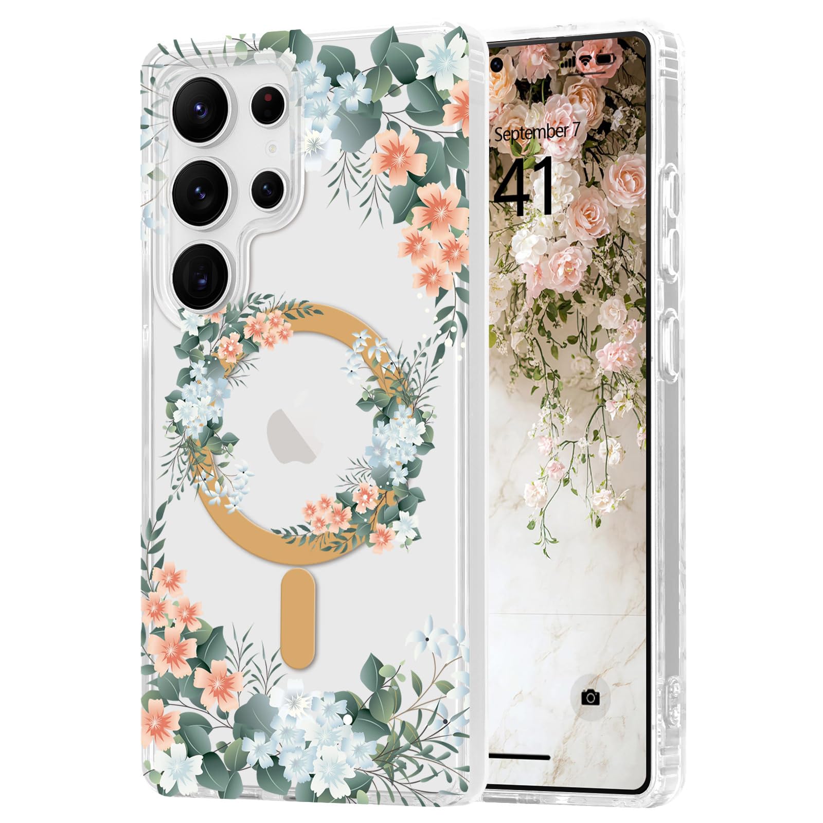 Ethanger Magnetic for Samsung Galaxy S25 Ultra Case, Compatible with MagSafe, Clear Case with Floral Pattern, Cute Flower Aesthetic Design for Girls