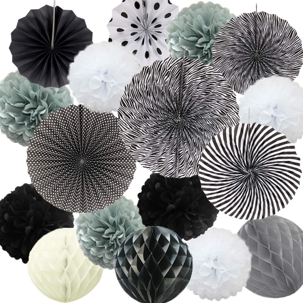Time to Sparkle 18 Pack Hanging Paper Fan Set, Tissue Paper Pom Poms Flower Fan + Honeycomb Balls Birthday Baby Shower Wedding Decorations, Set-Grey Shade